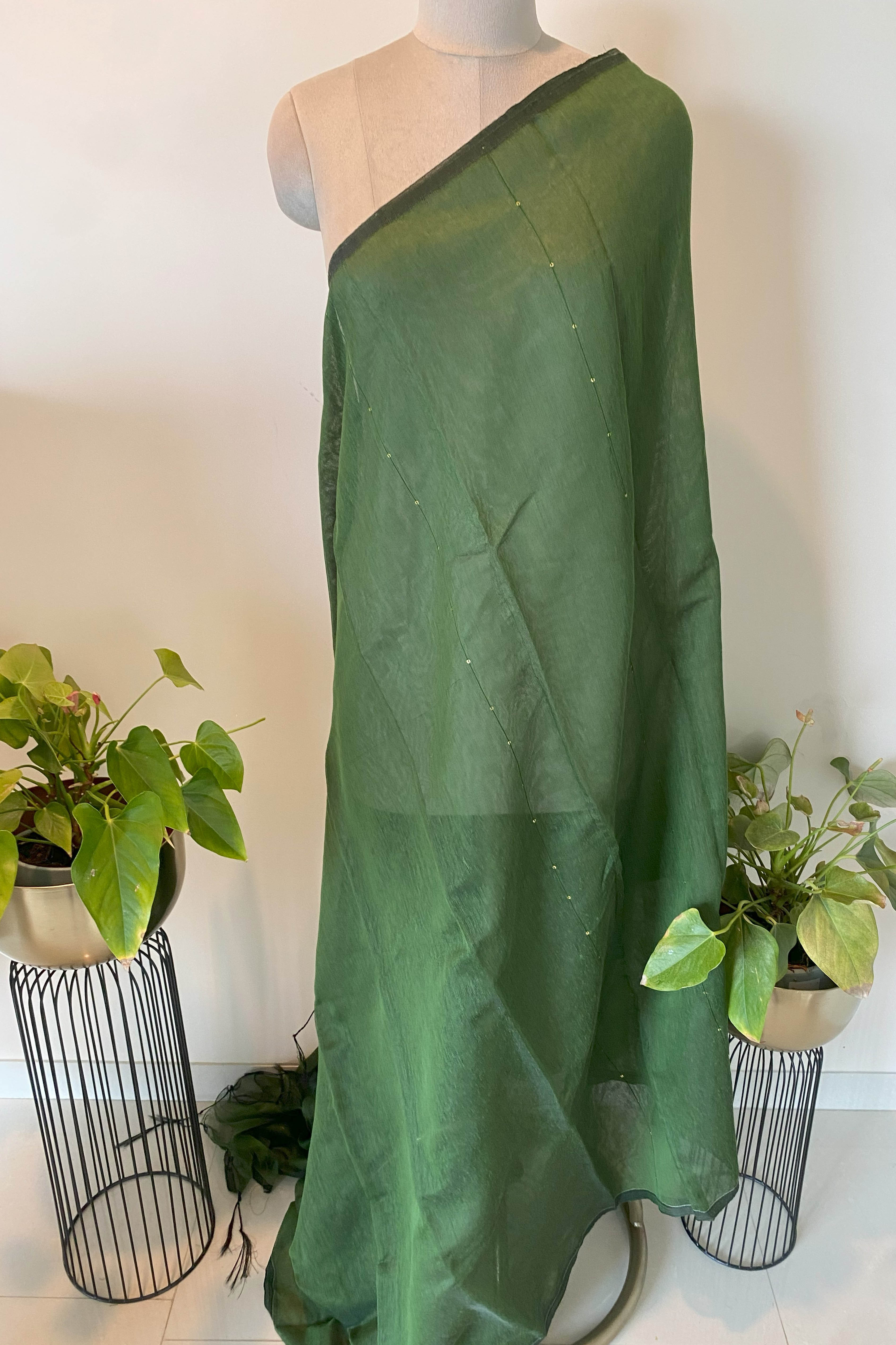 Cotton Green Sari with Sequins - Indian Handloomz