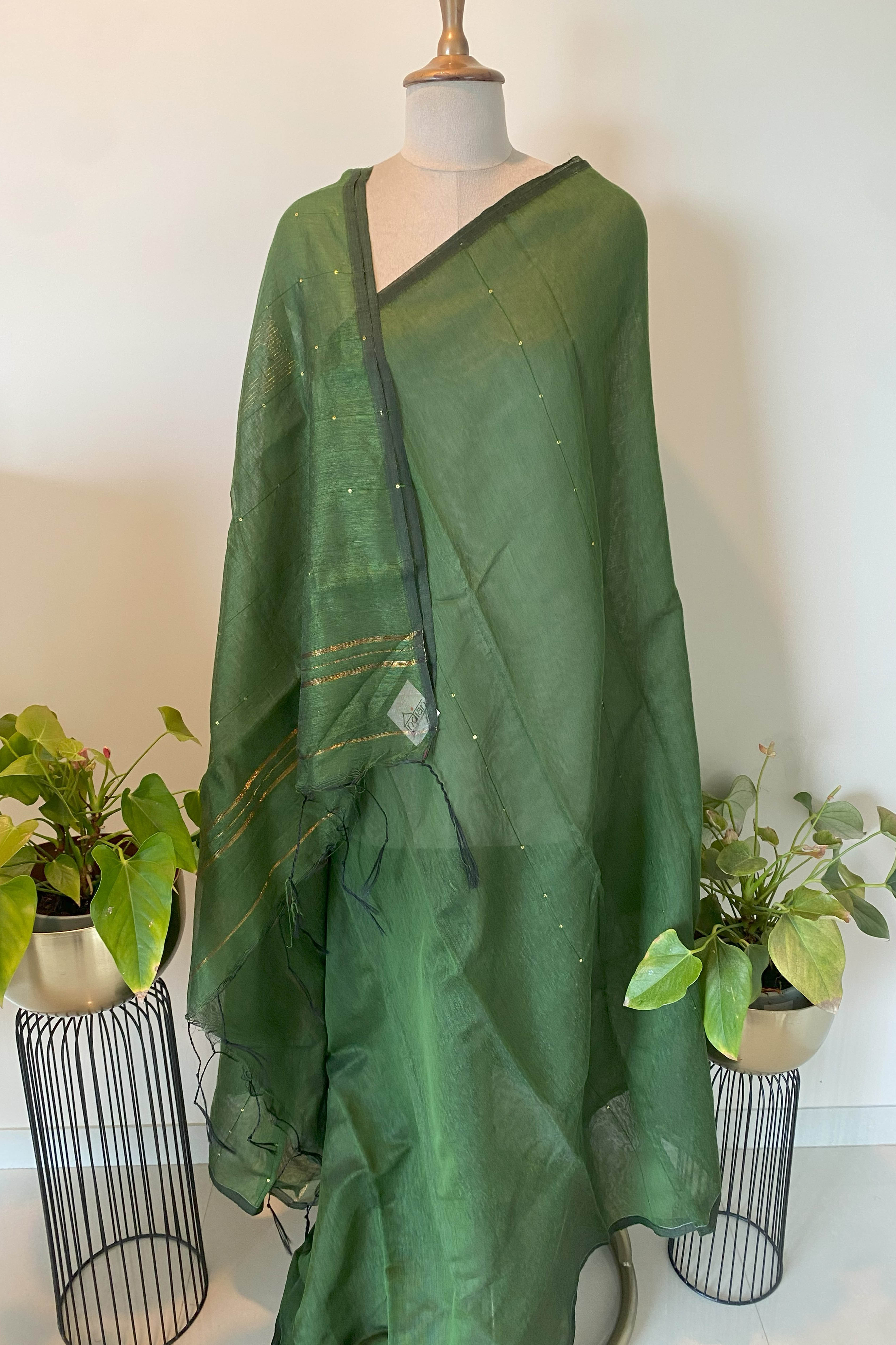 Cotton Green Sari with Sequins - Indian Handloomz