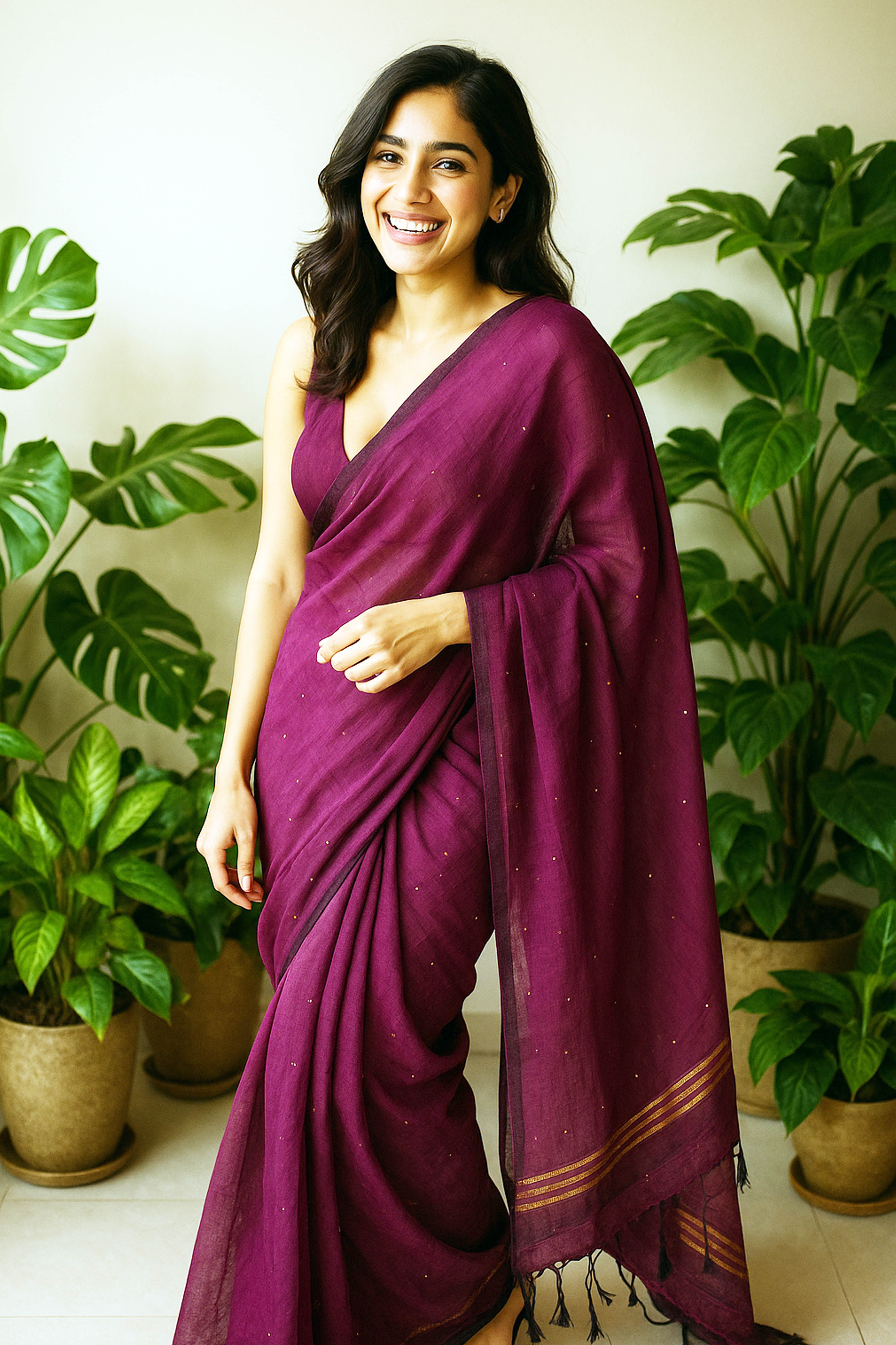 Cotton Magenta Saree with sequins - Indian Handloomz