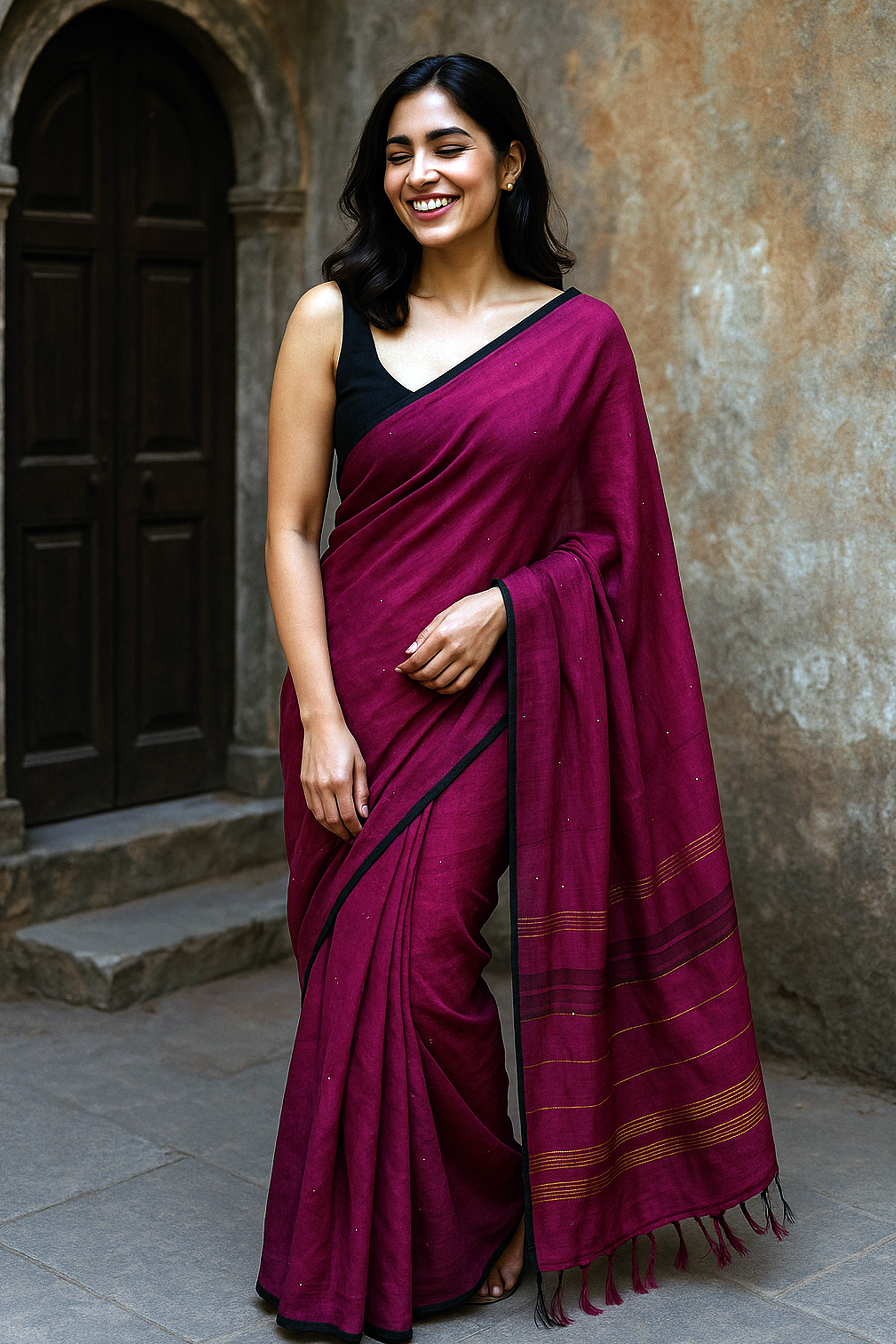 Cotton Magenta Saree with sequins - Indian Handloomz