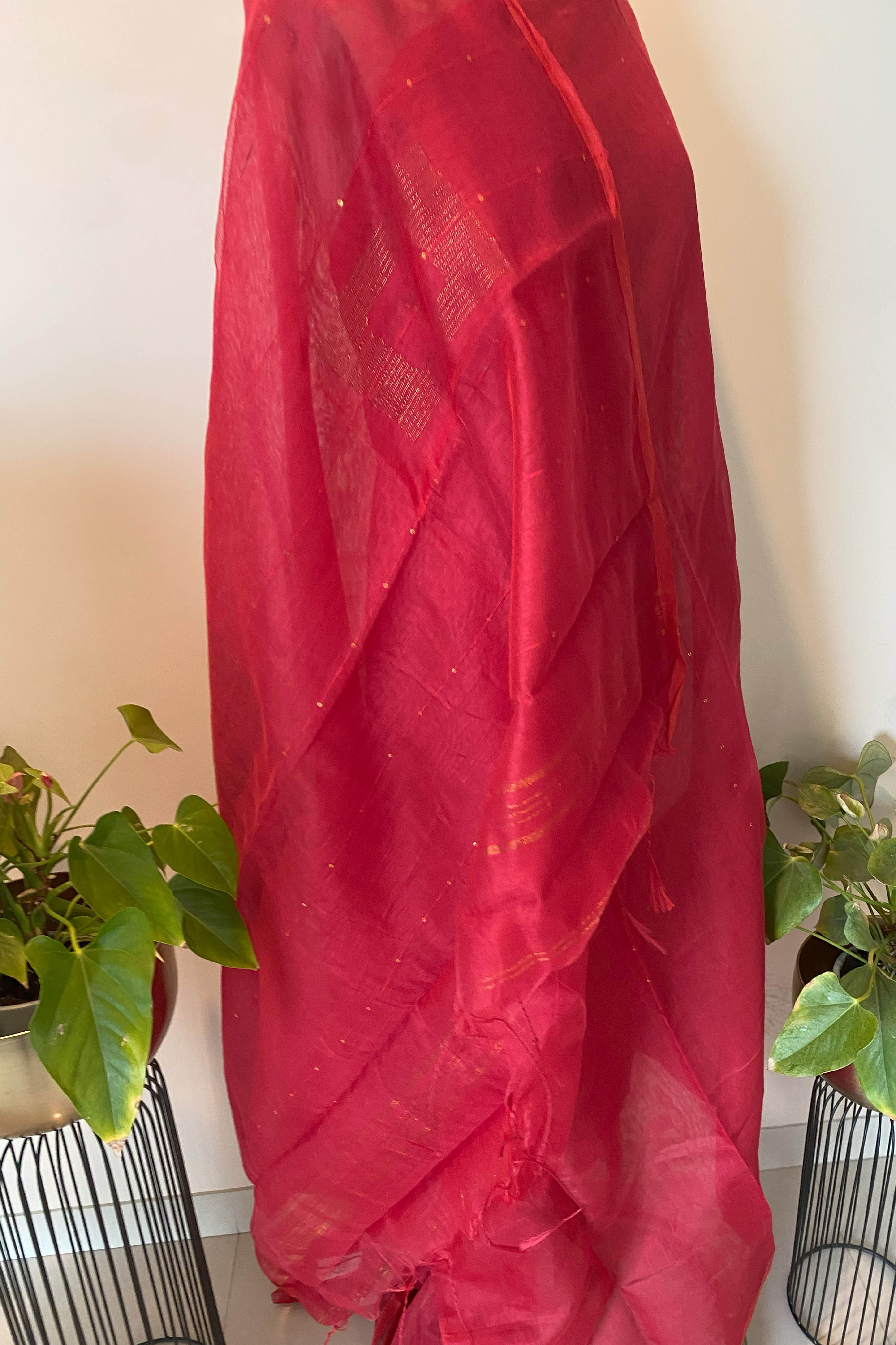 Cotton Red Saree with Sequins - Indian Handloomz