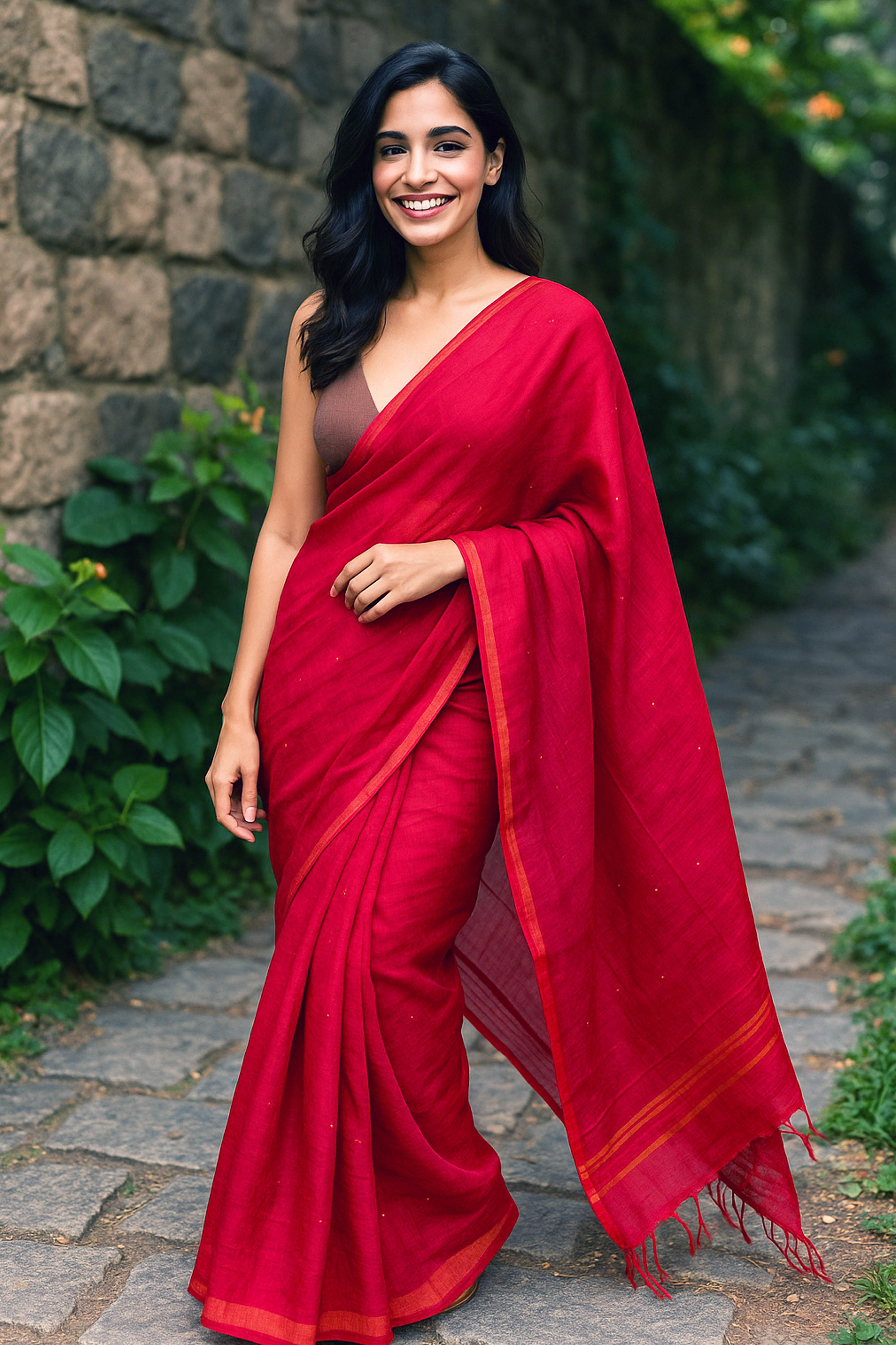 Cotton Red Saree with Sequins - Indian Handloomz