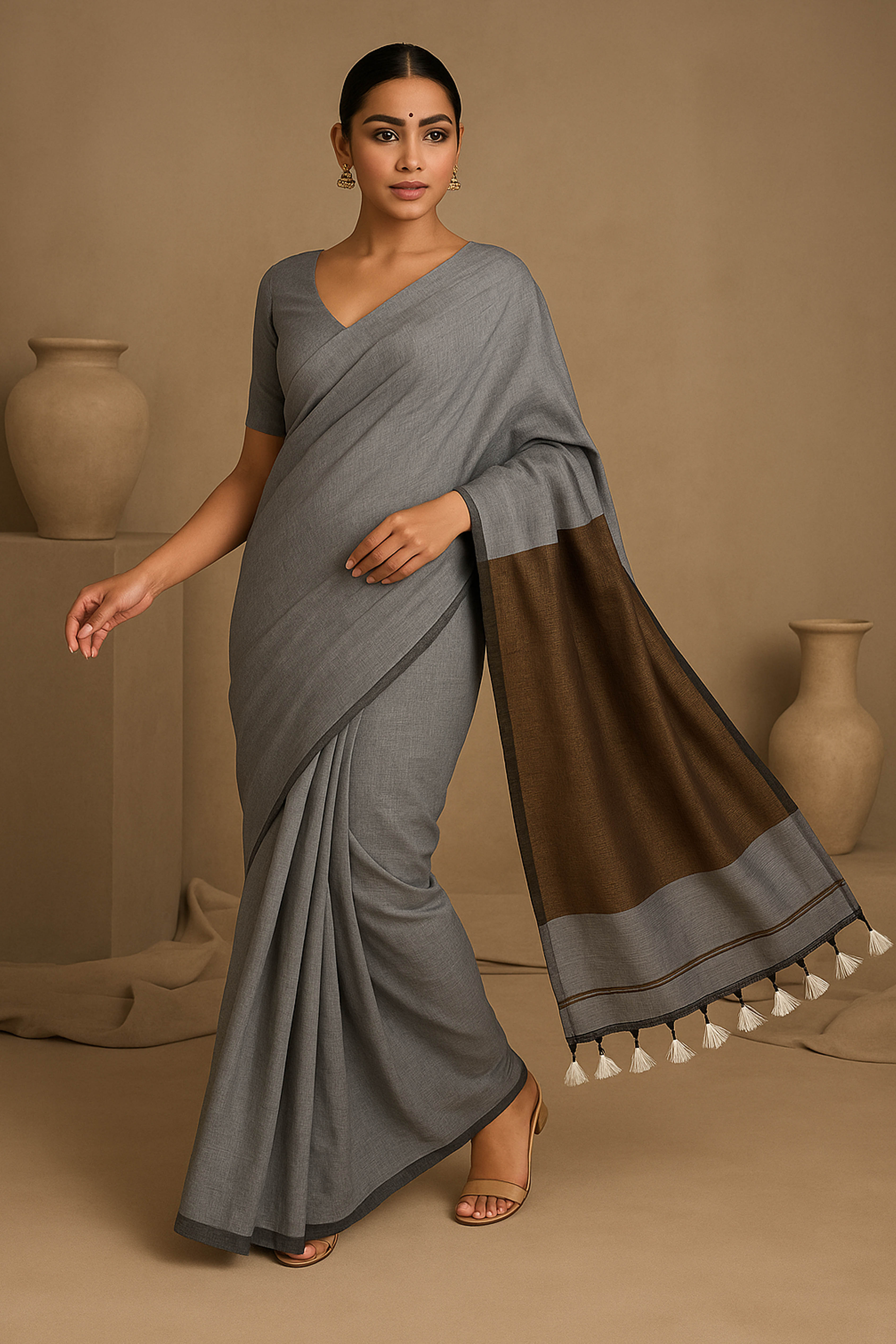 Cotton Saree in Grey with Copper Pallu - Indian Handloomz