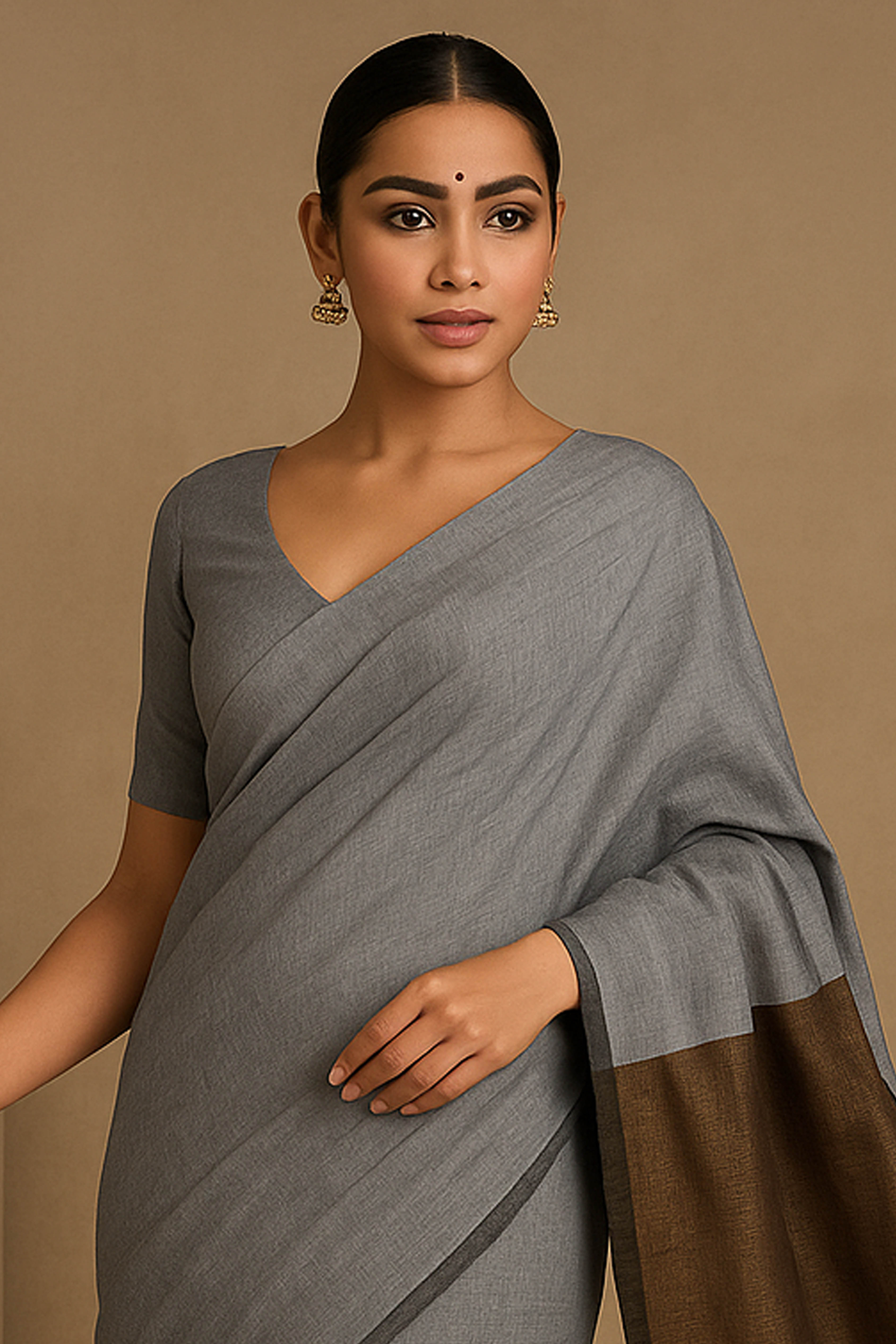 Cotton Saree in Grey with Copper Pallu - Indian Handloomz