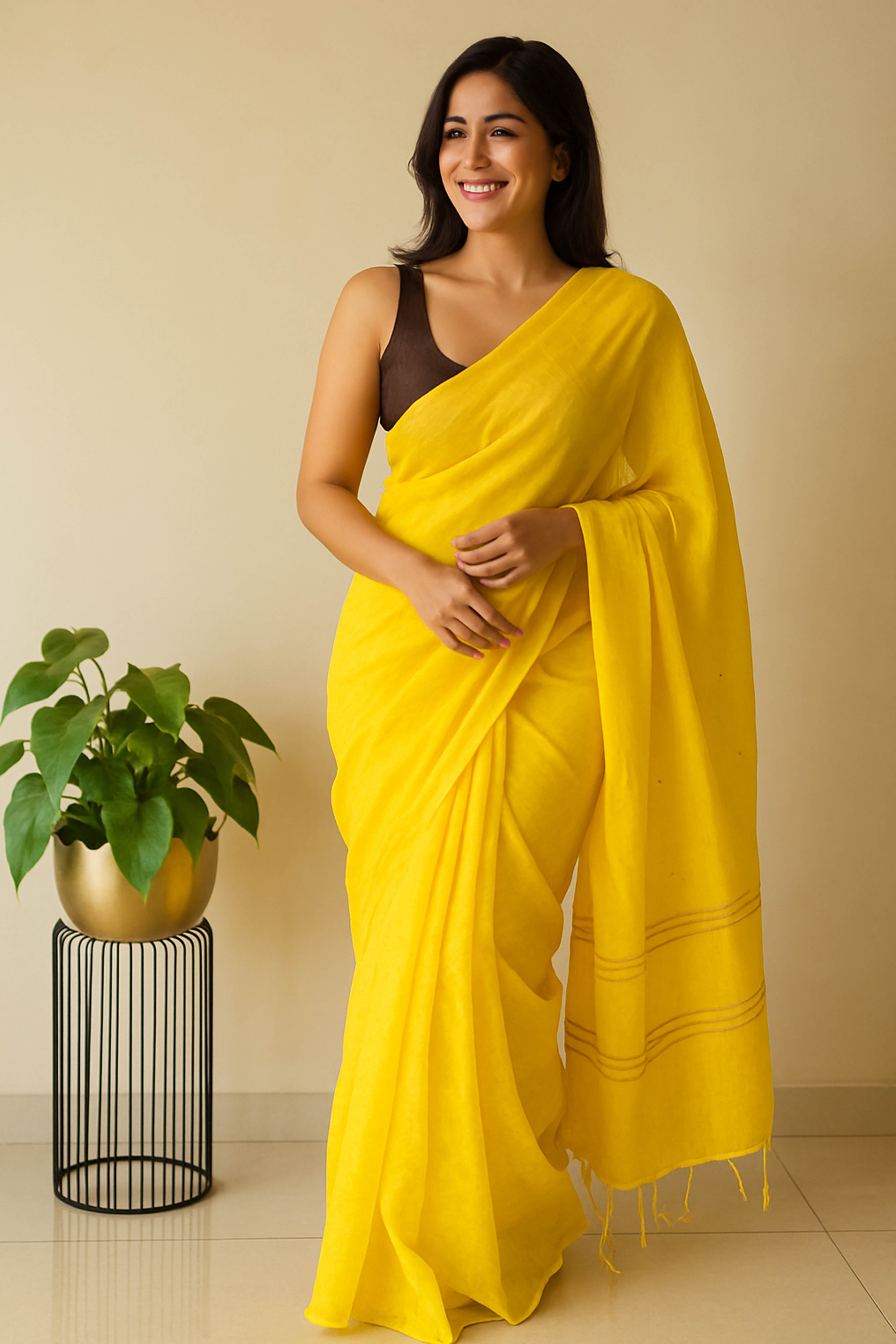 Cotton Yellow Saree with Sequins - Indian Handloomz