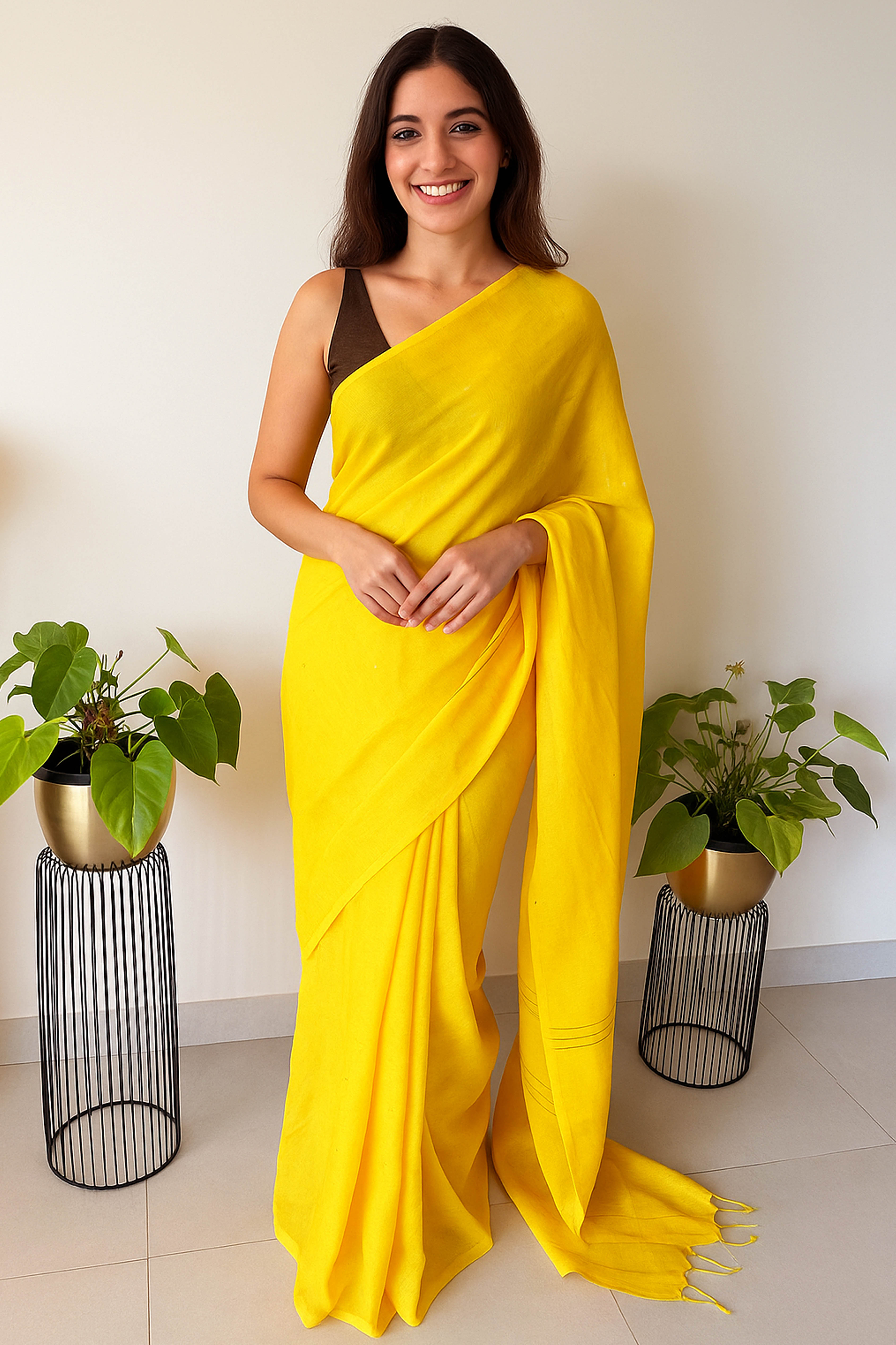 Cotton Yellow Saree with Sequins - Indian Handloomz