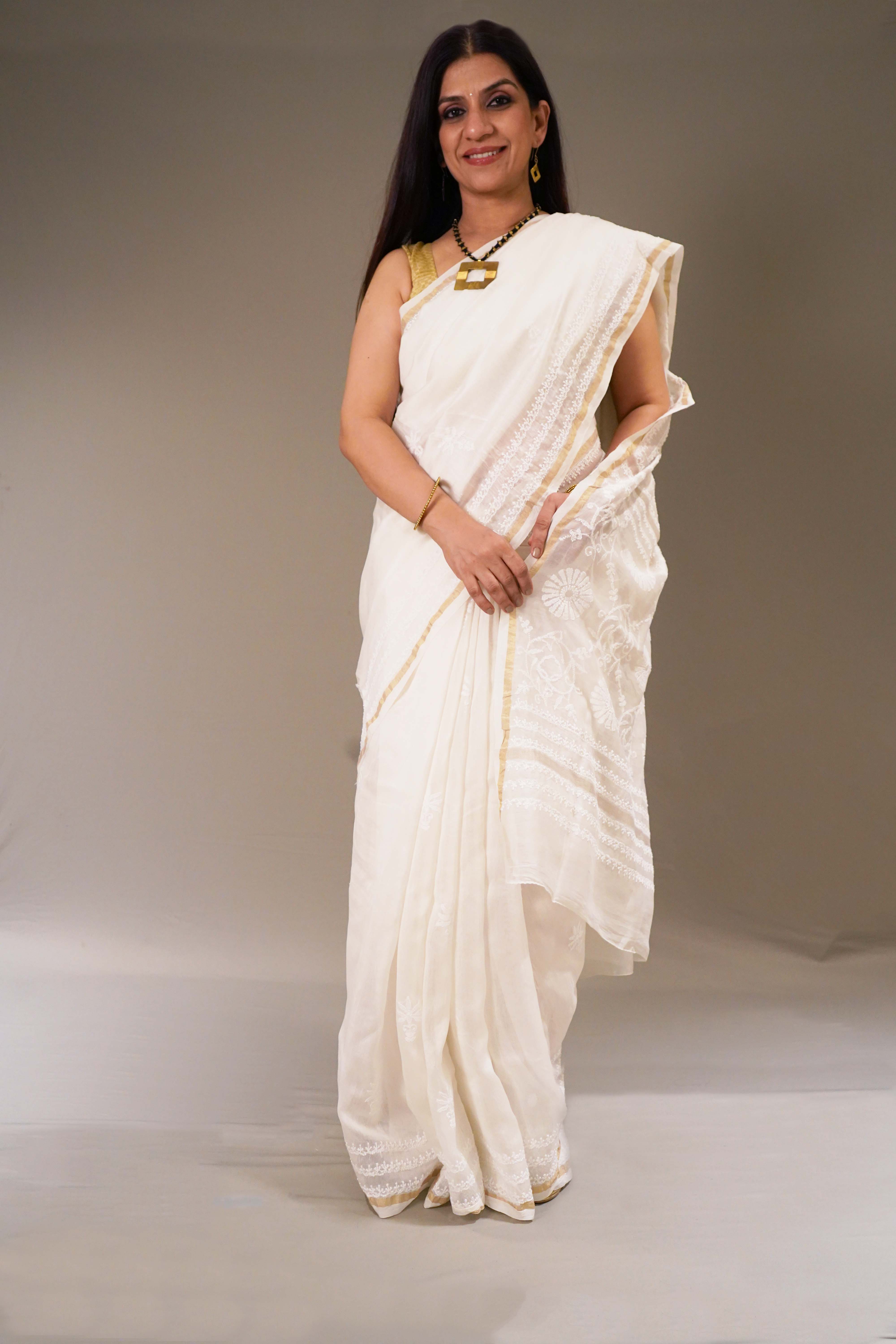 Veda Pearl White Chanderi Saree with Chikankari Handwork Embroidery & Golden Zari Border - Indian Handloomz