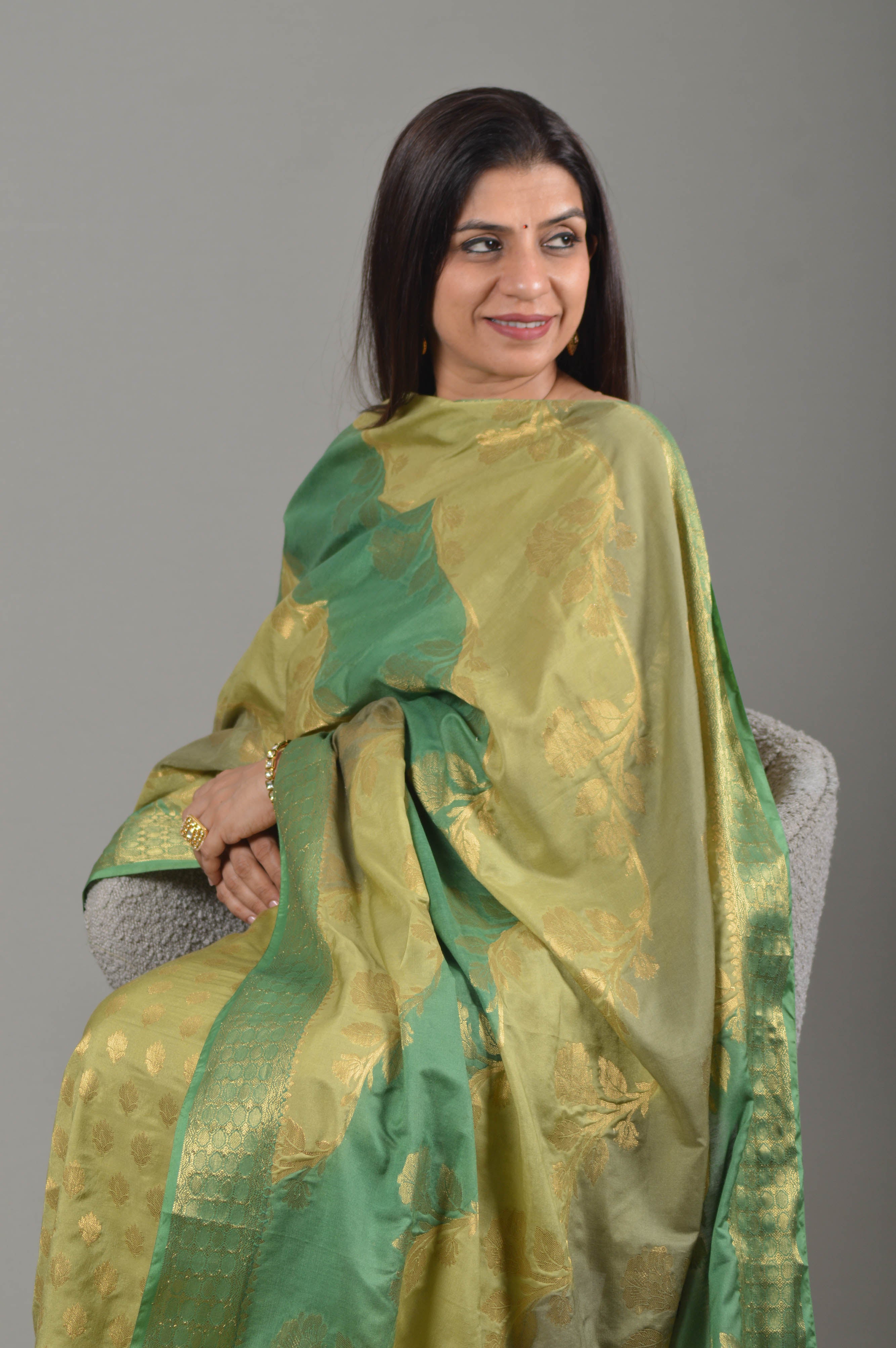 Bella Pure Banarasi Rangkat Unstitched Suit Set in Golden Green Harmony Colour - Indian Handloomz