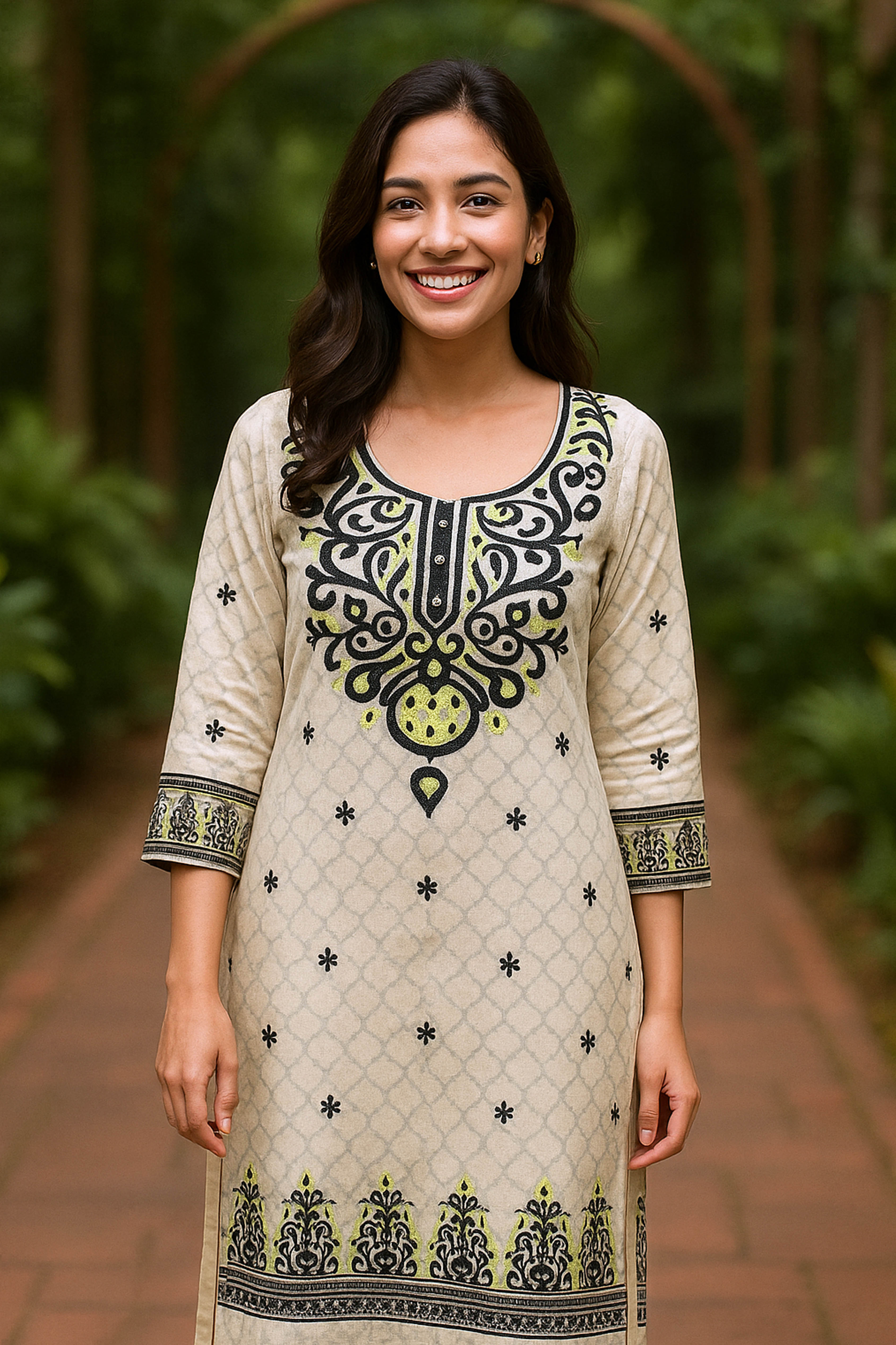 Cotton Silk Unstitched Suit Set in Green with Off-white