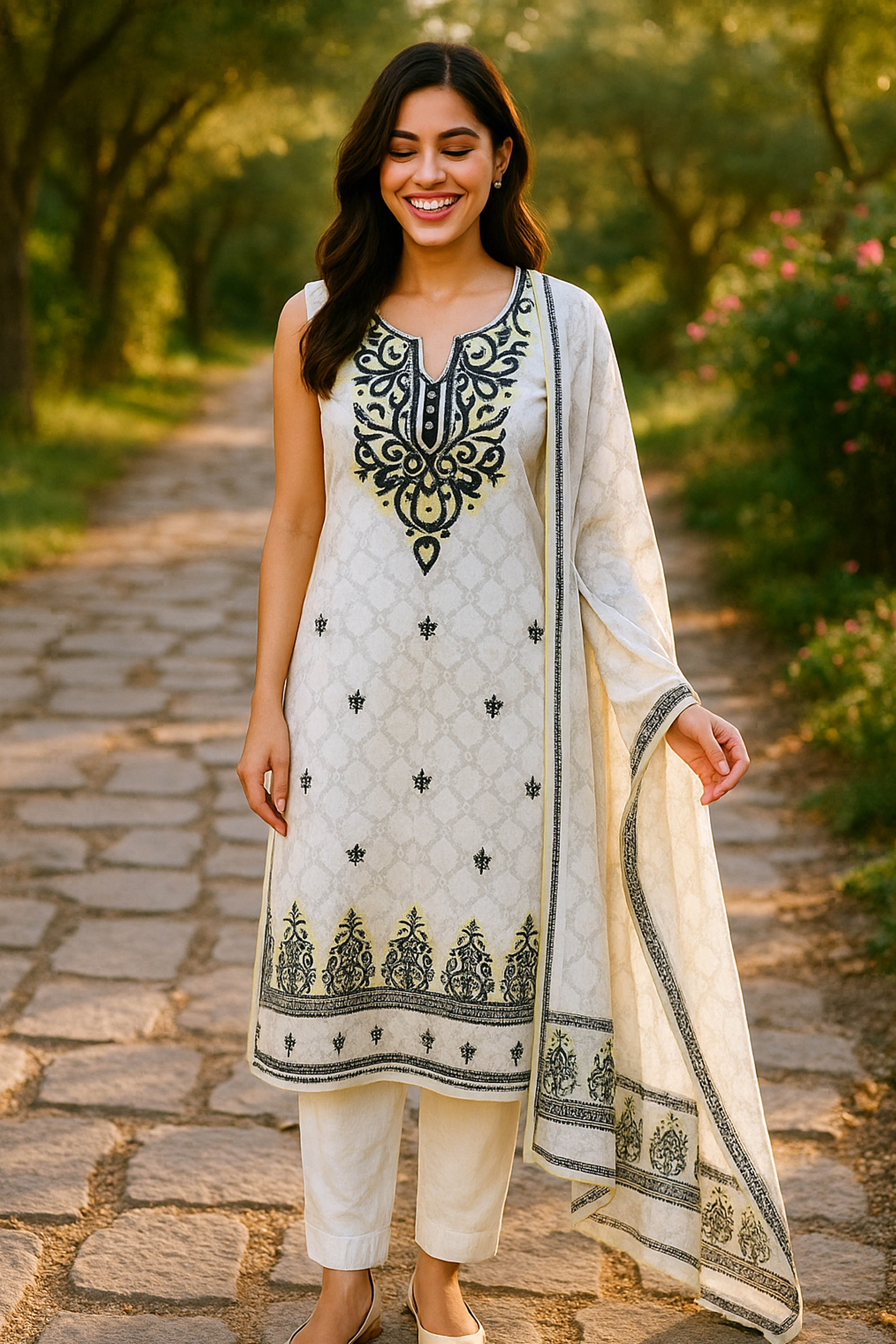 Cotton Silk Unstitched Suit Set in Green with Off-white