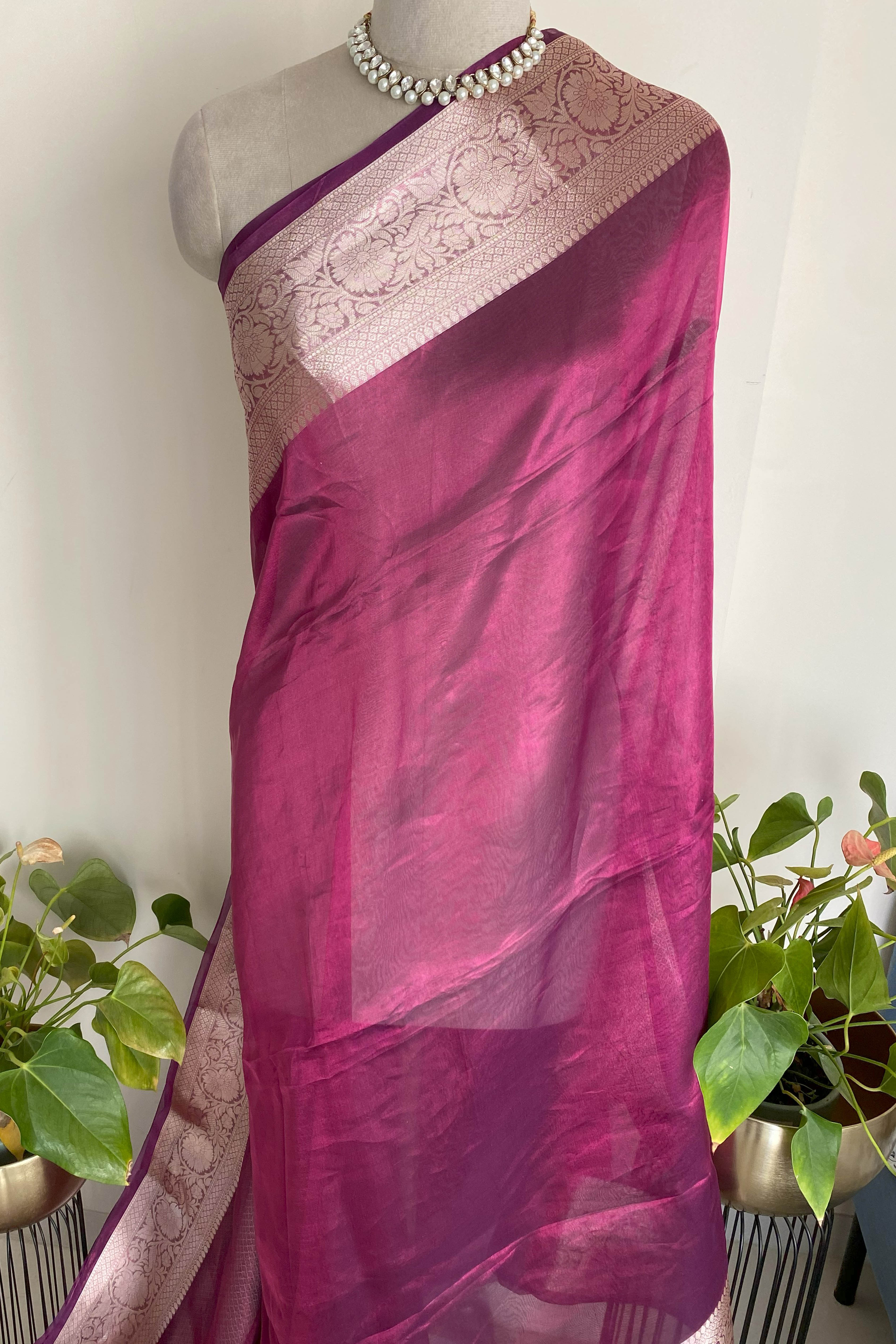 Dupion Tissue Silk Saree in Magenta - Indian Handloomz