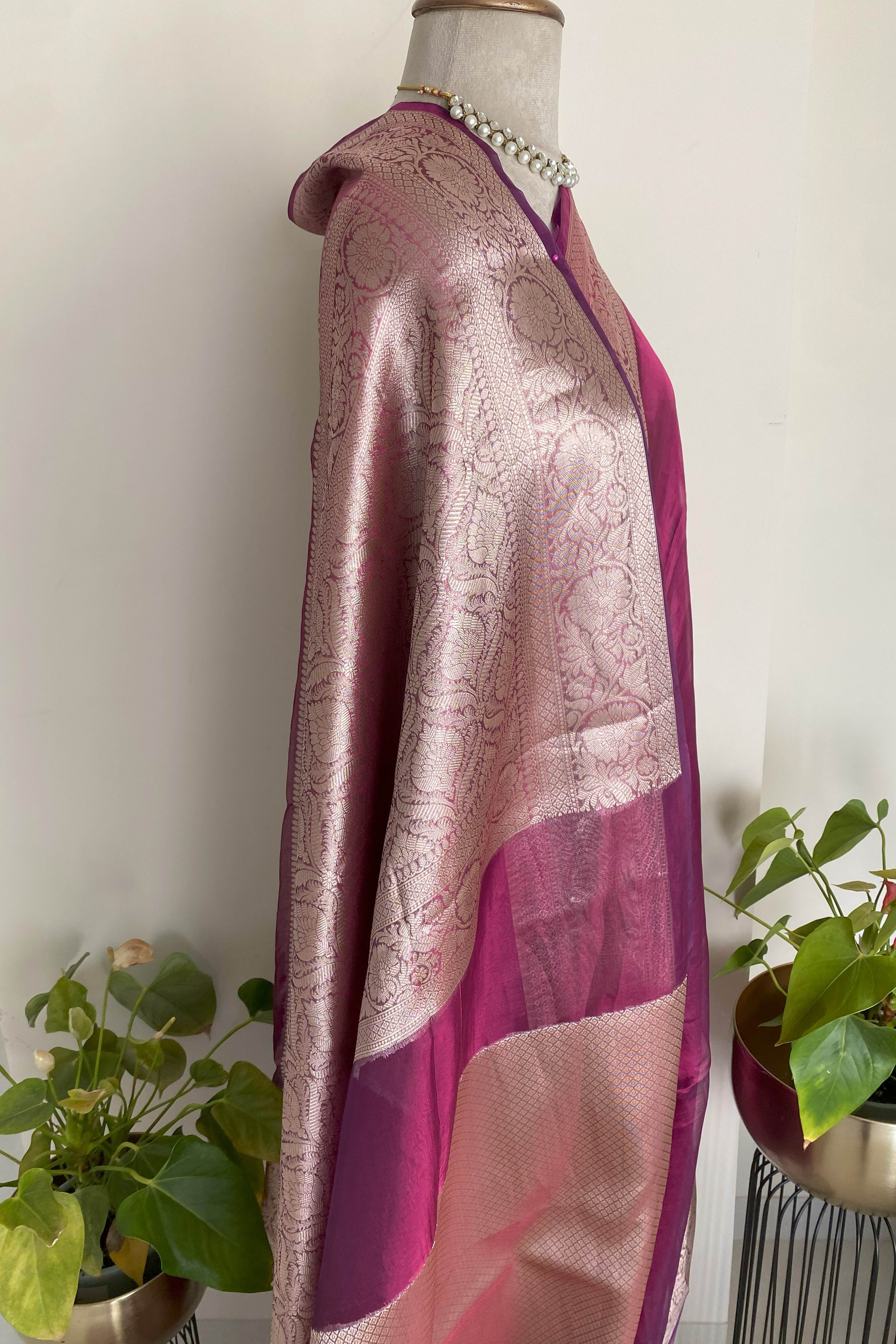 Dupion Tissue Silk Saree in Magenta - Indian Handloomz