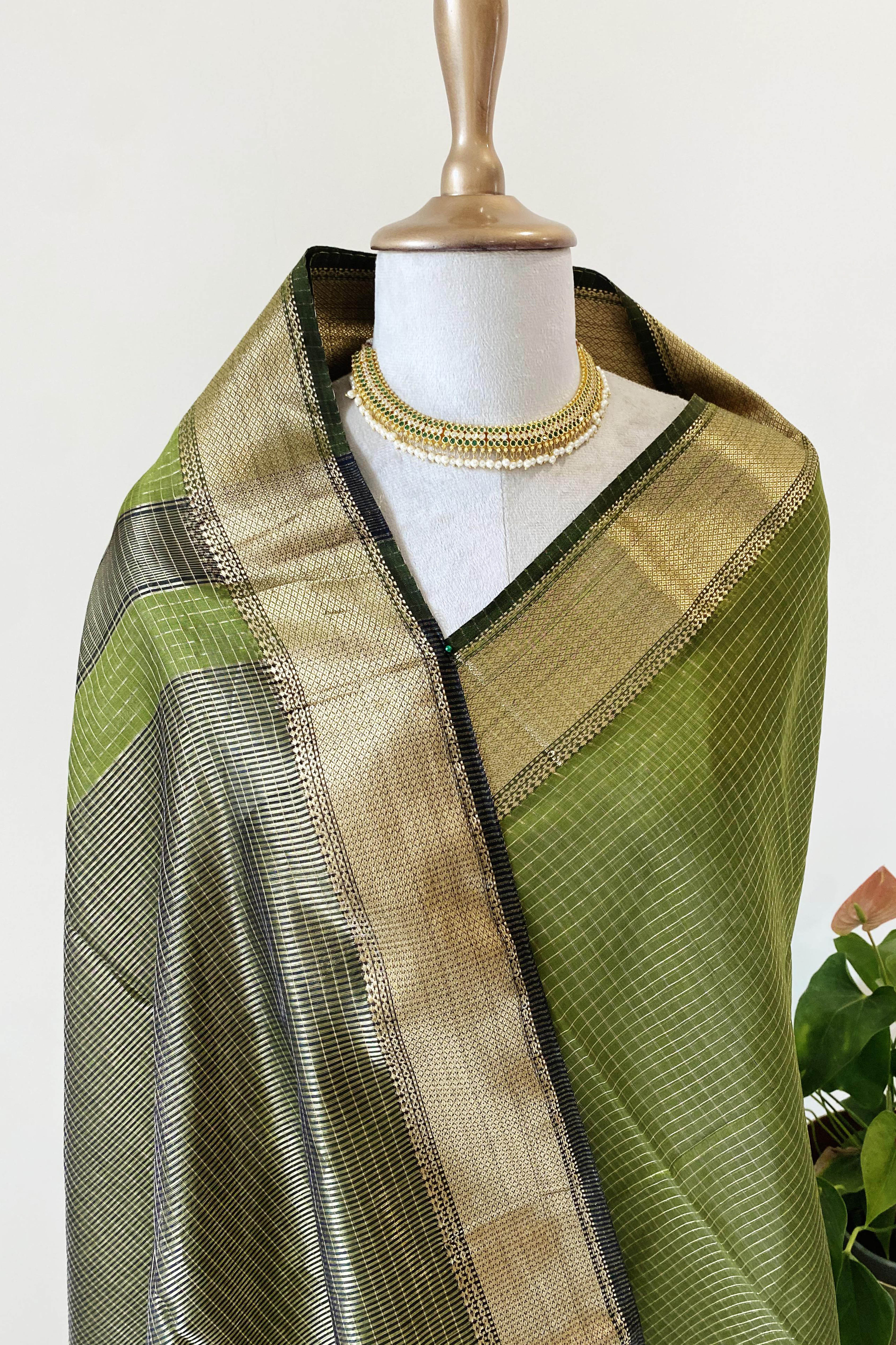 Falak Mehndi Green with Golden Zari Checks Maheshwari Cotton Silk Tissue Saree