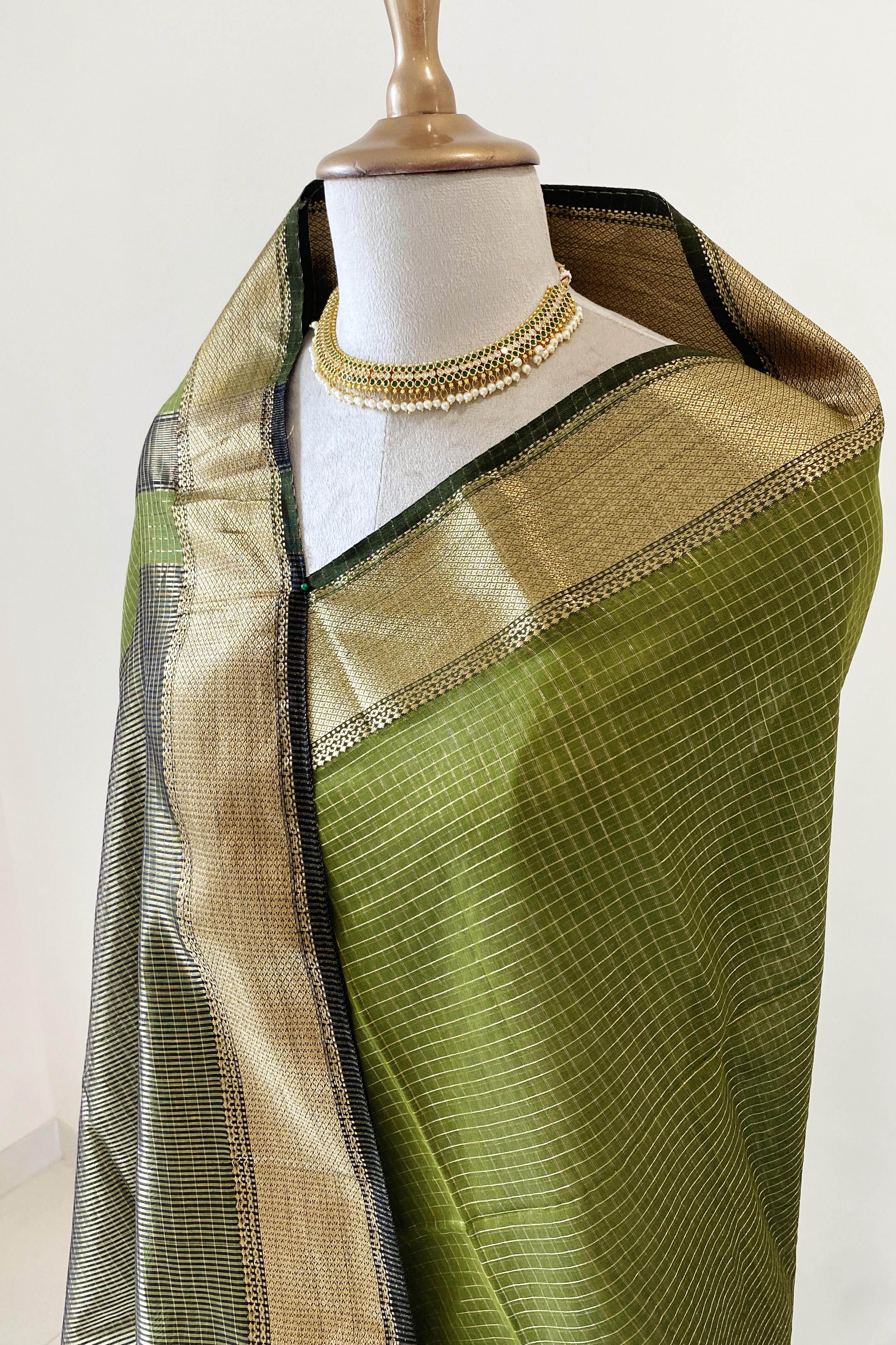 Falak Mehndi Green with Golden Zari Checks Maheshwari Cotton Silk Tissue Saree