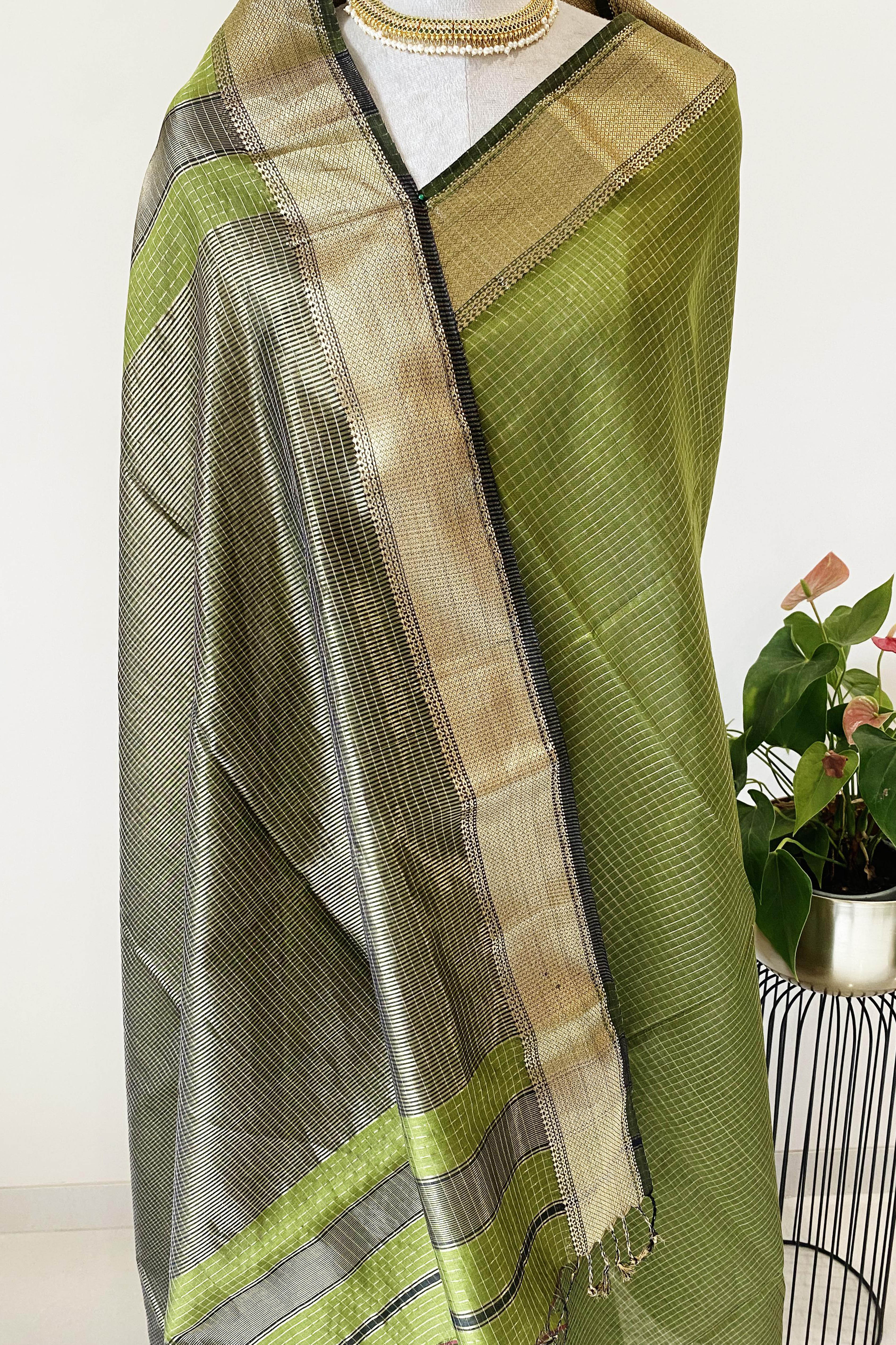 Falak Mehndi Green with Golden Zari Checks Maheshwari Cotton Silk Tissue Saree