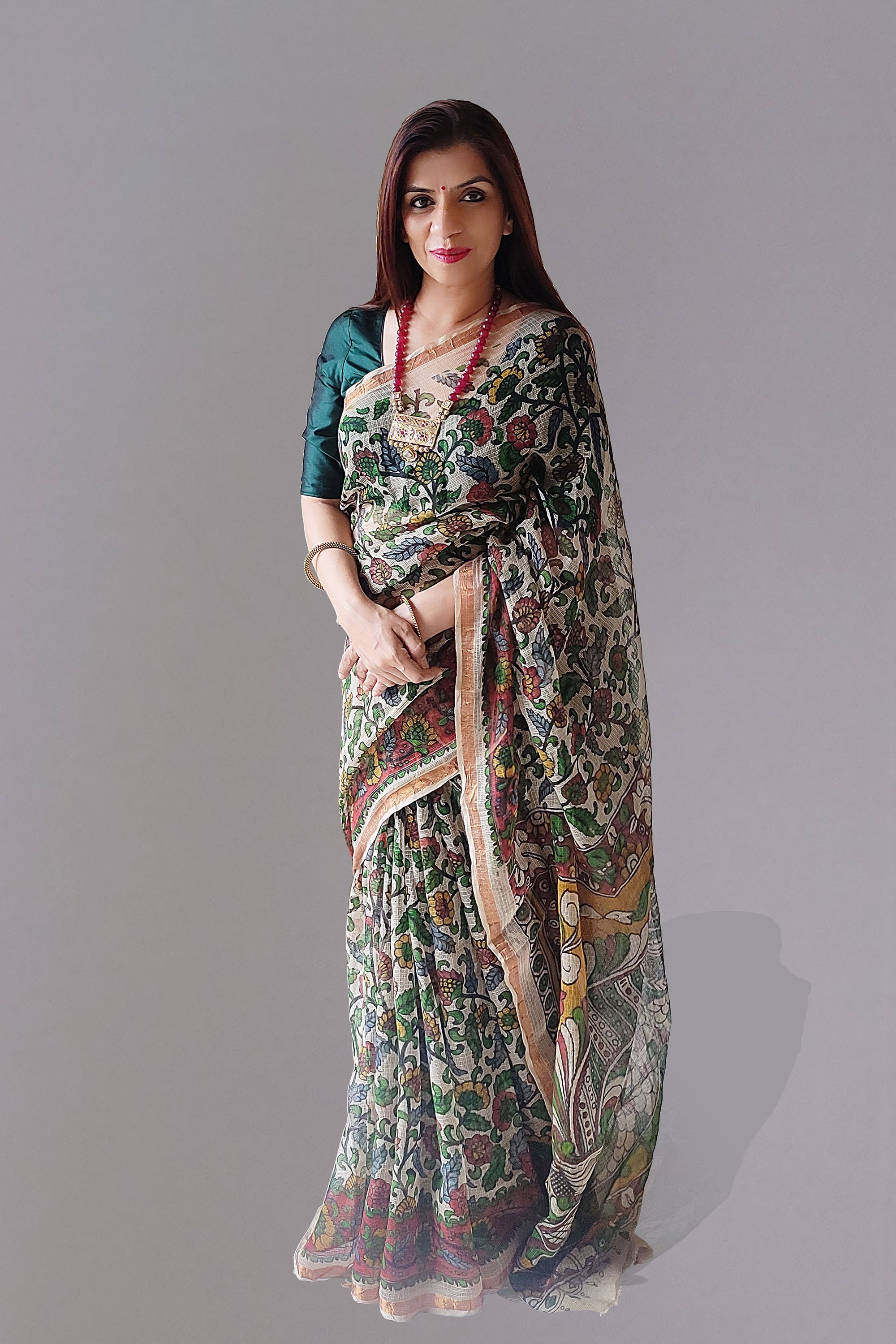 Prisha Kalamkari Saree Handblock Printed in Multicolour with Hues of Beige, Red, Green & Yellow - Indian Handloomz