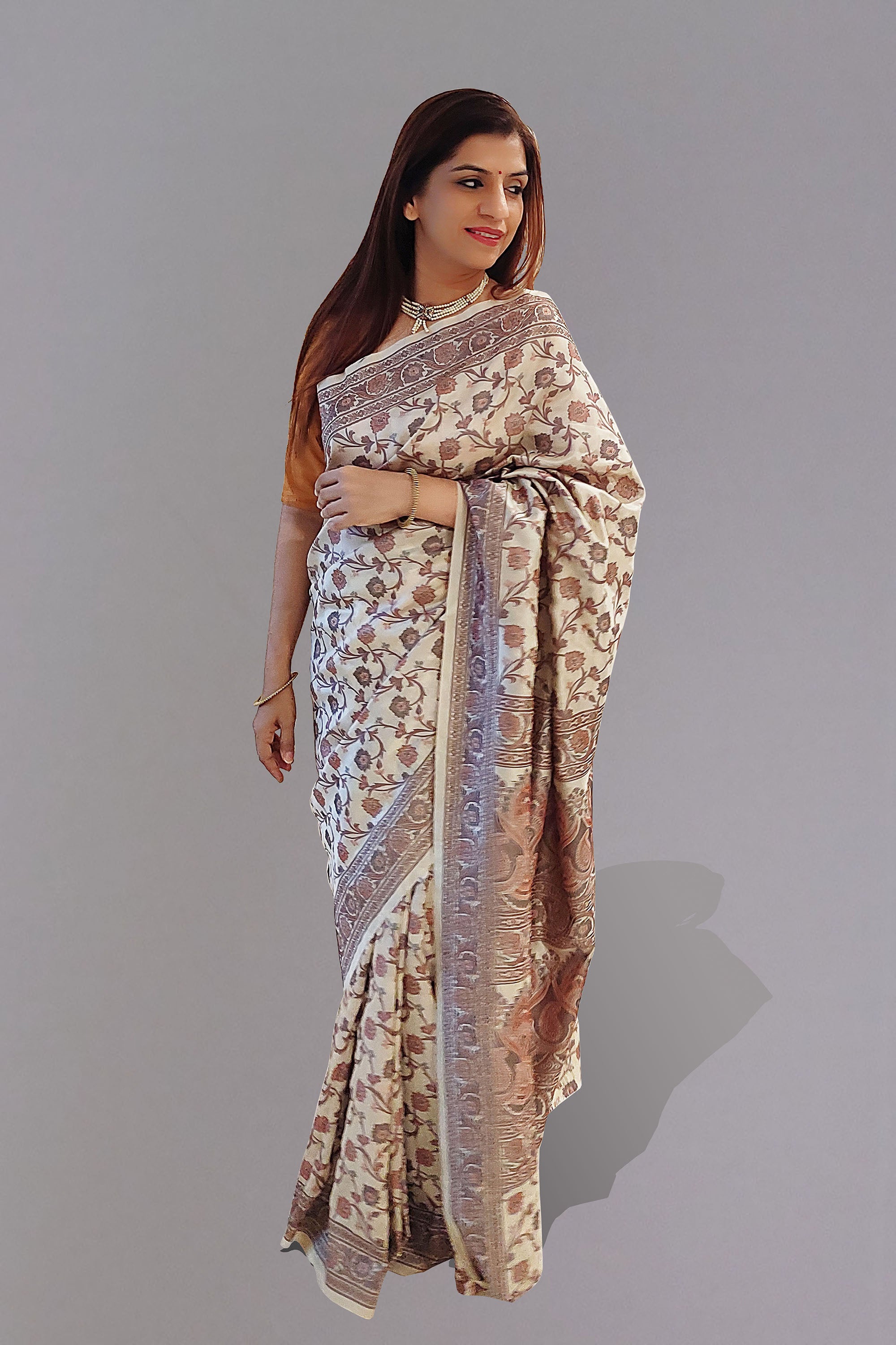 Isha Kashmiri Kani Work Blended Silk Saree in Off-white Base with Subtle Matt Red & Grey - Indian Handloomz