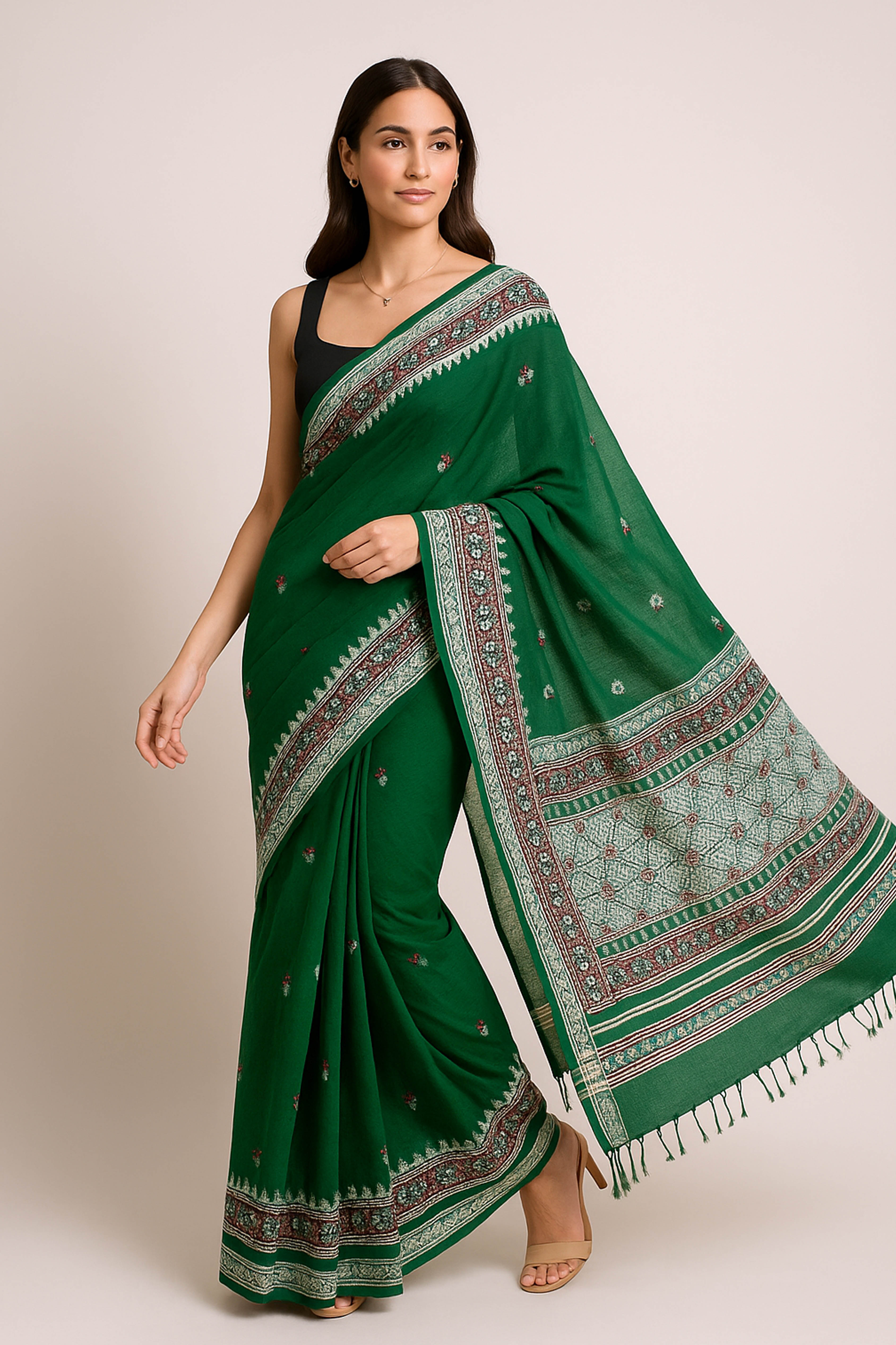 Gargi Jamdani Assam Cotton Saree in Green Pink and Orange Colour - Indian Handloomz