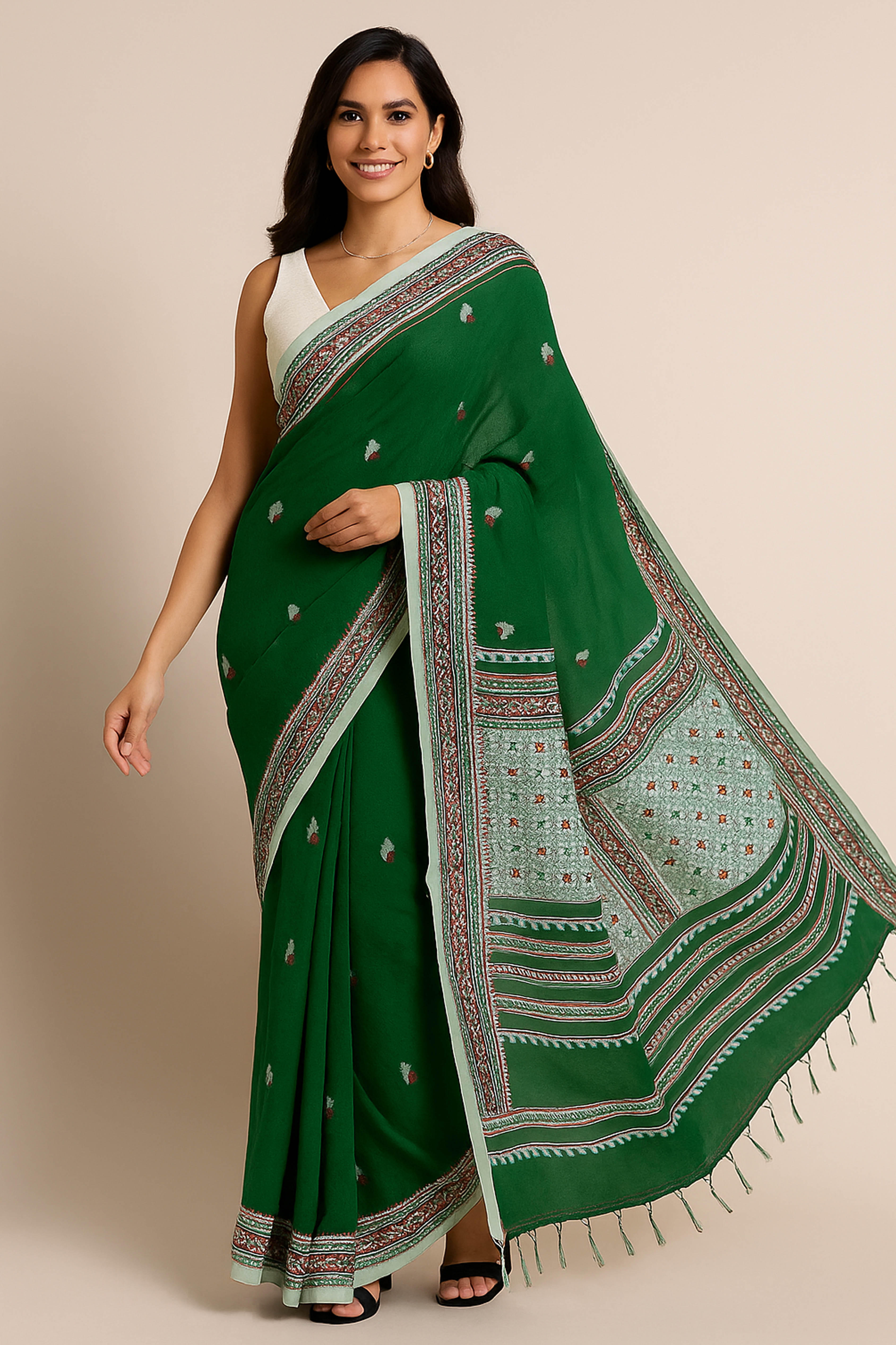 Gargi Jamdani Assam Cotton Saree in Green Pink and Orange Colour - Indian Handloomz