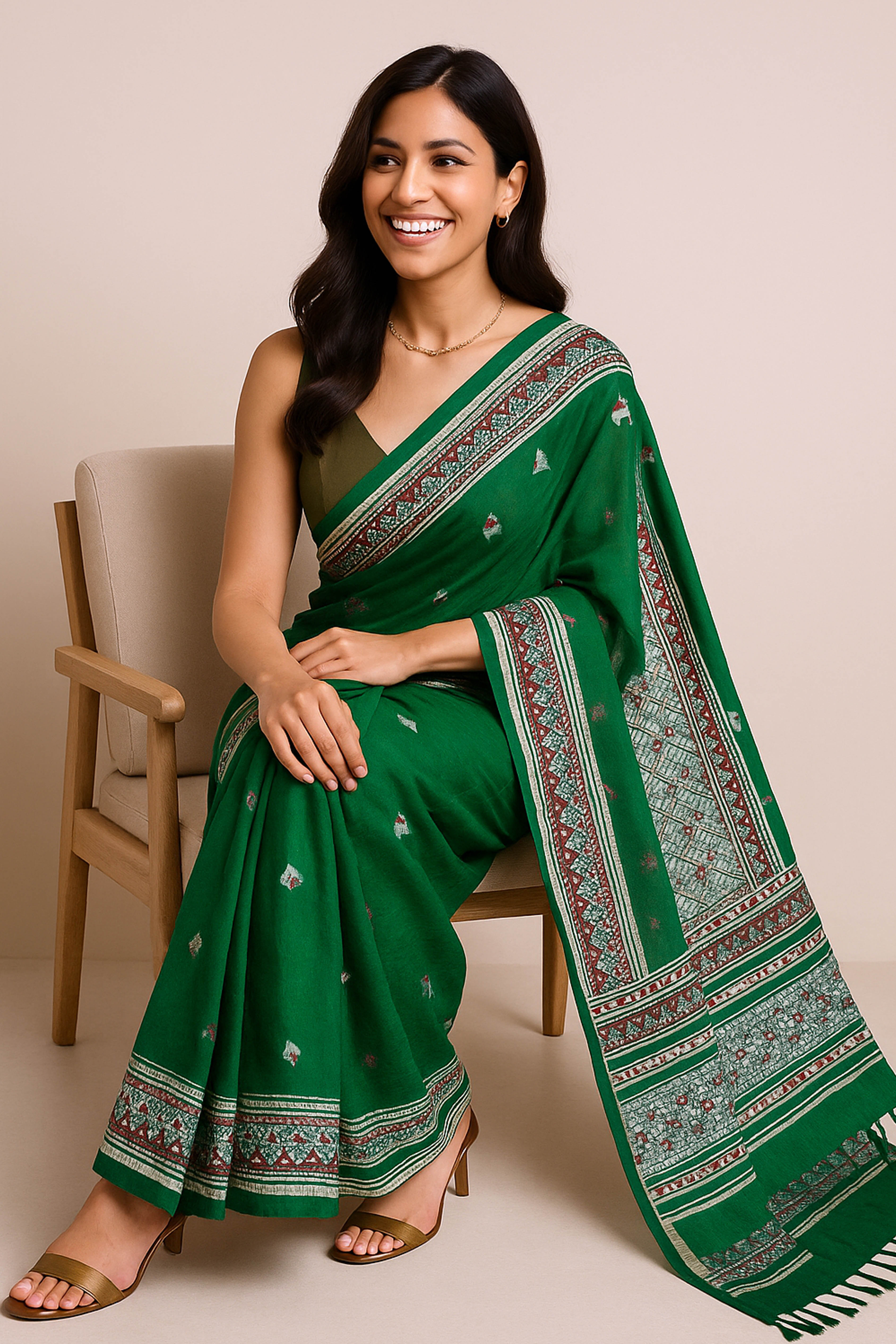 Gargi Jamdani Assam Cotton Saree in Green Pink and Orange Colour - Indian Handloomz