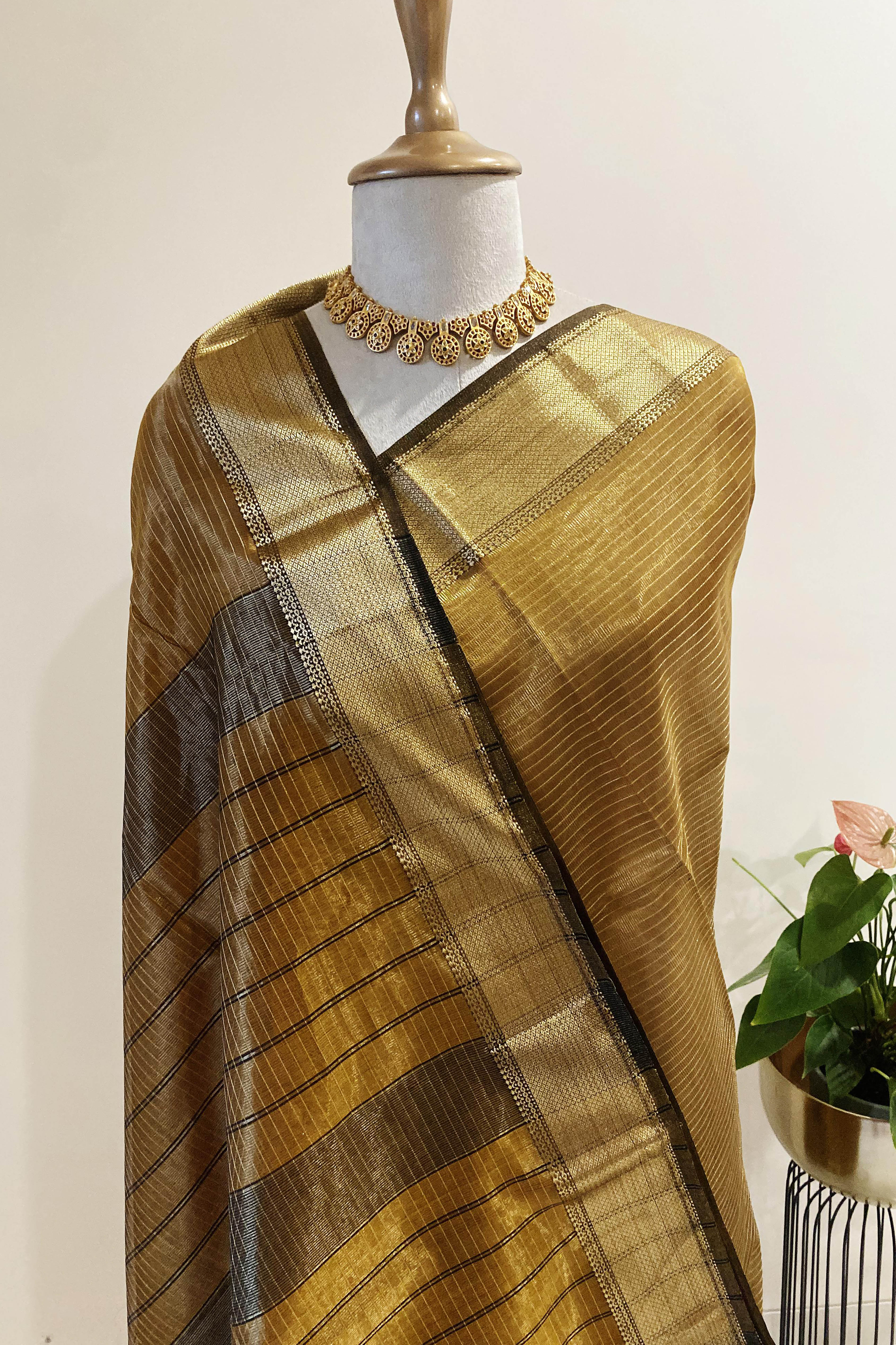 Kareena Golden Musted Yellow Maheshwari Silk Cotton Tissue Saree - Indian Handloomz