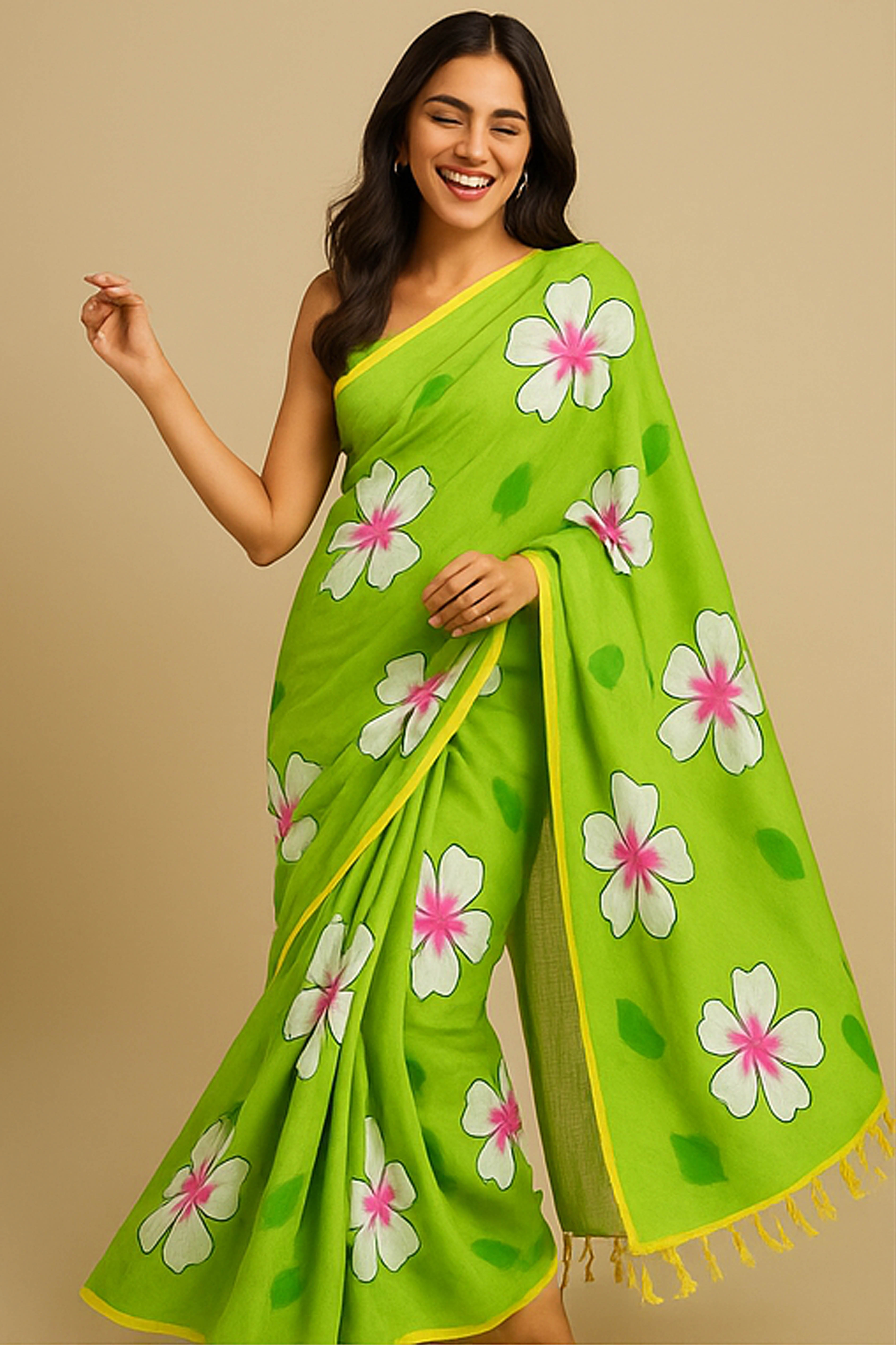 Green Pure Cotton Hand Painted Saree - Indian Handloomz