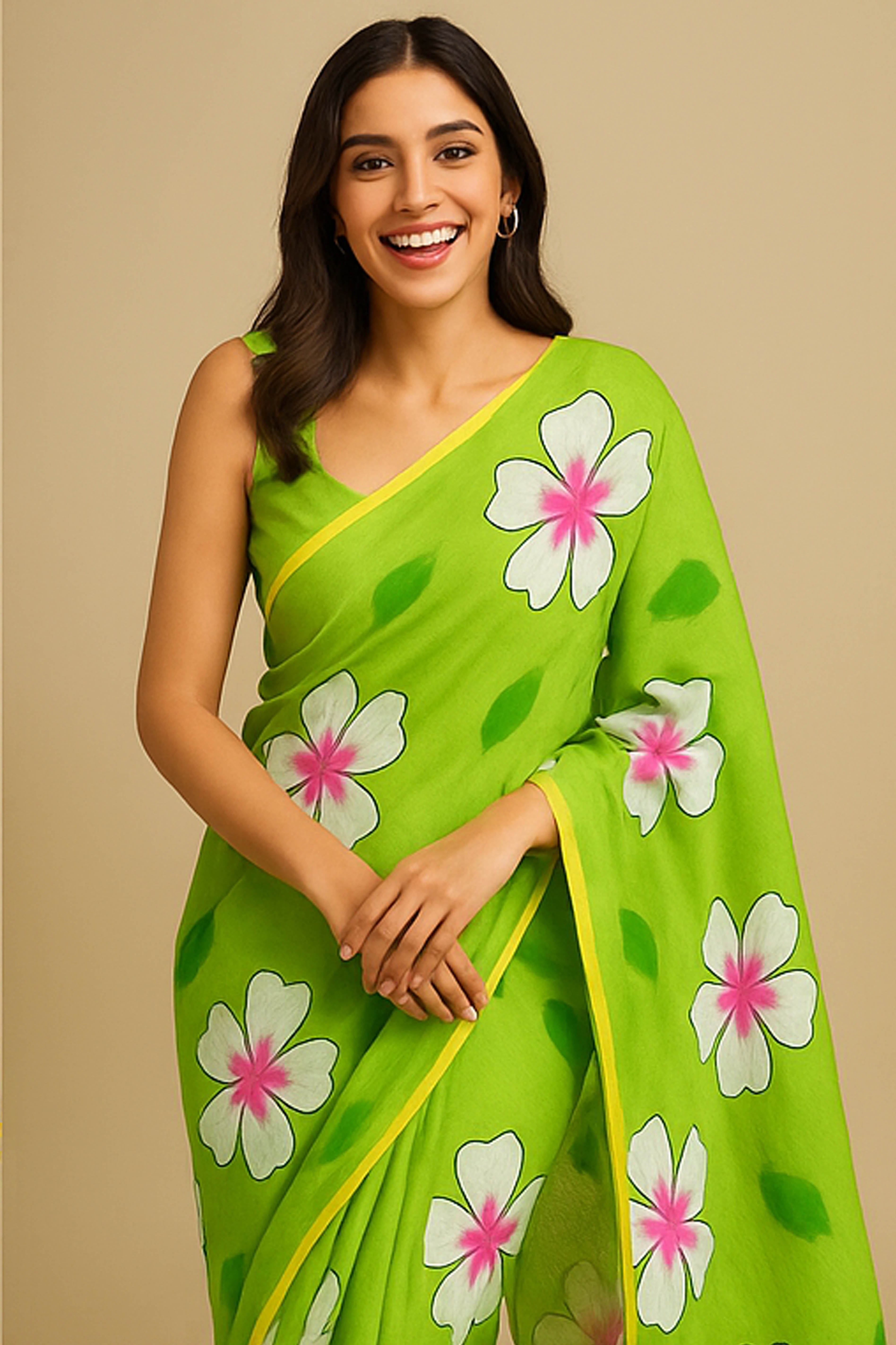 Green Pure Cotton Hand Painted Saree - Indian Handloomz