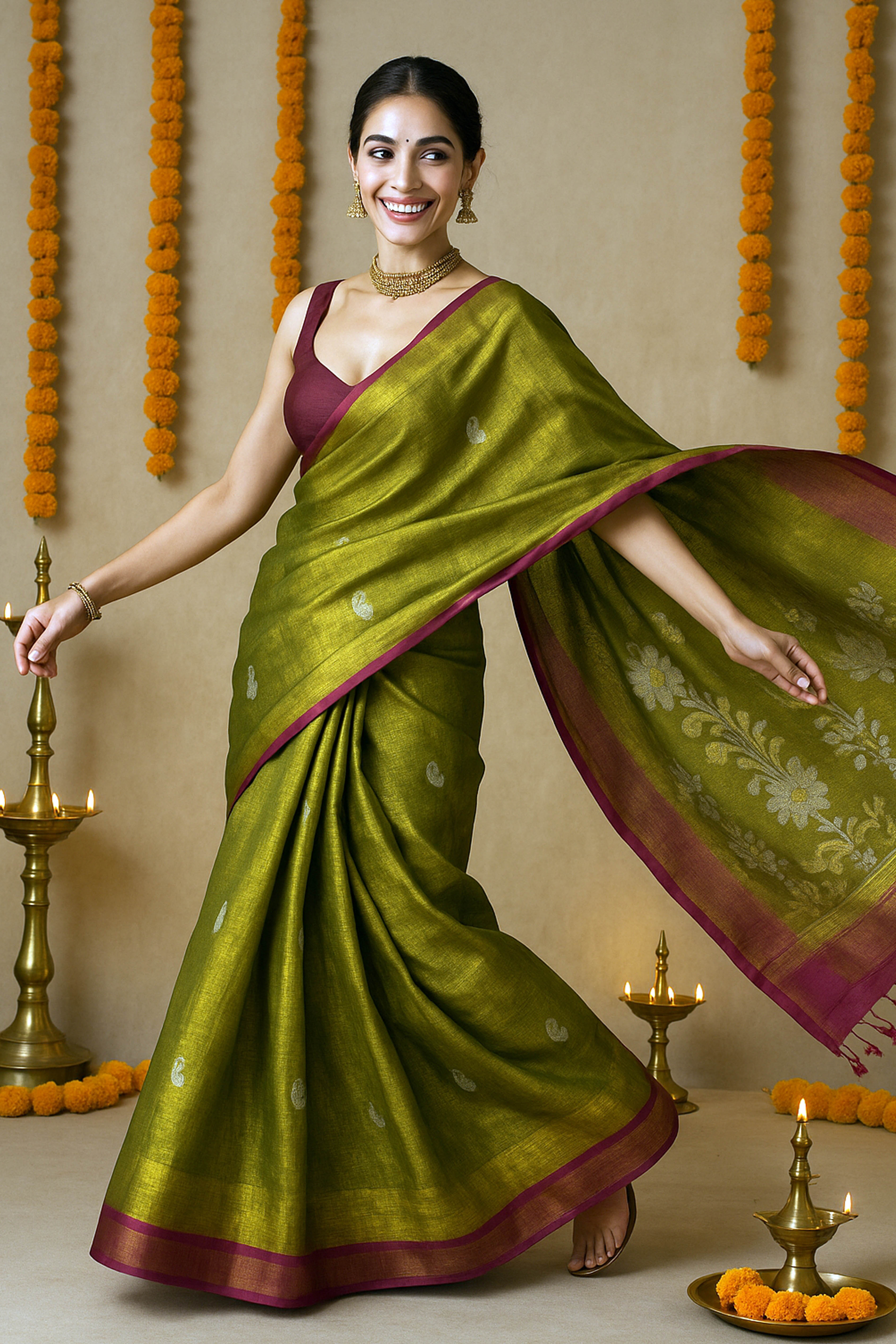 Green Tissue Linen Jamdani Saree - Indian Handloomz