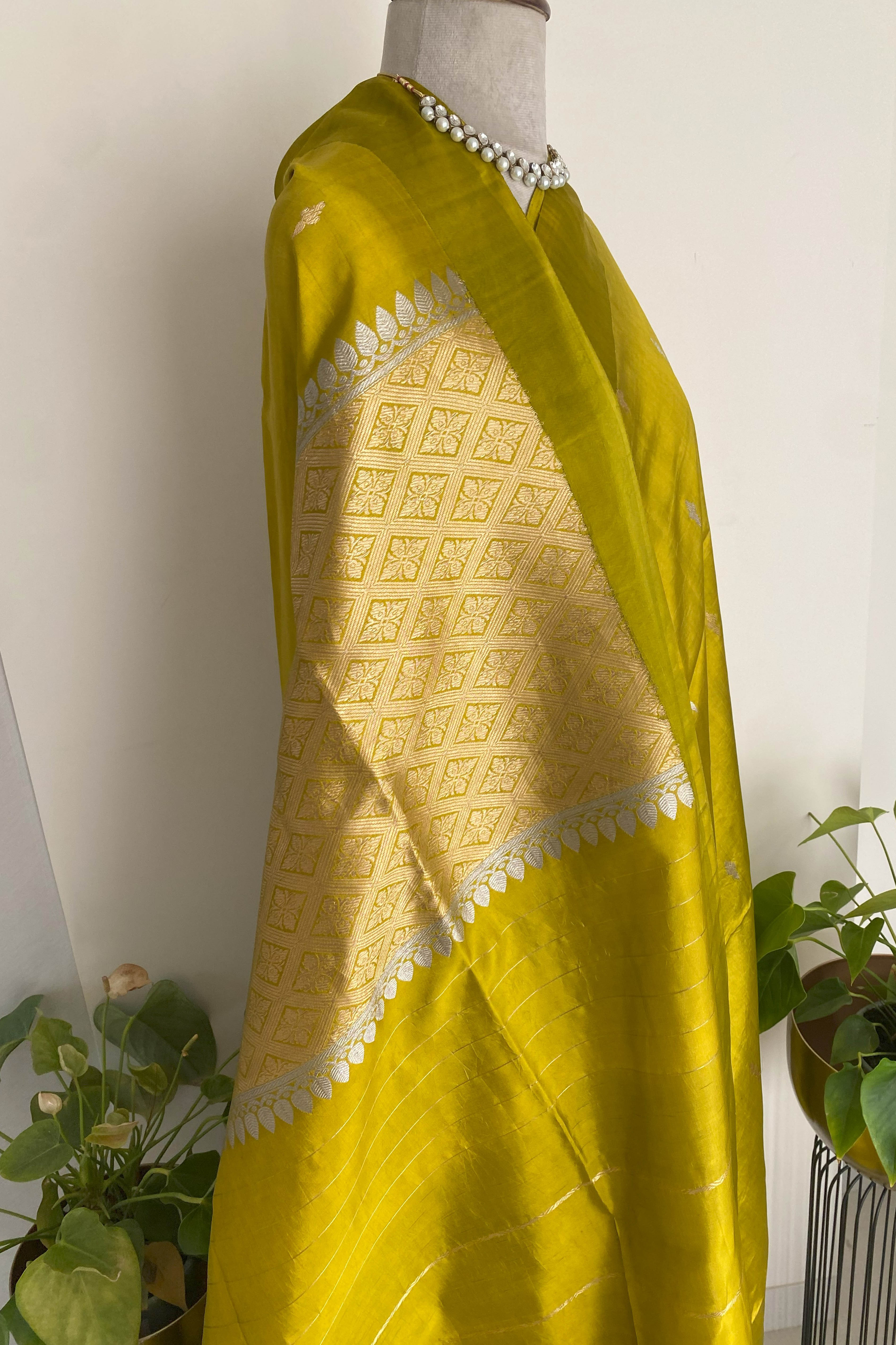Greenish Golden Yellow Pure Mashru Silk Saree - Indian Handloomz