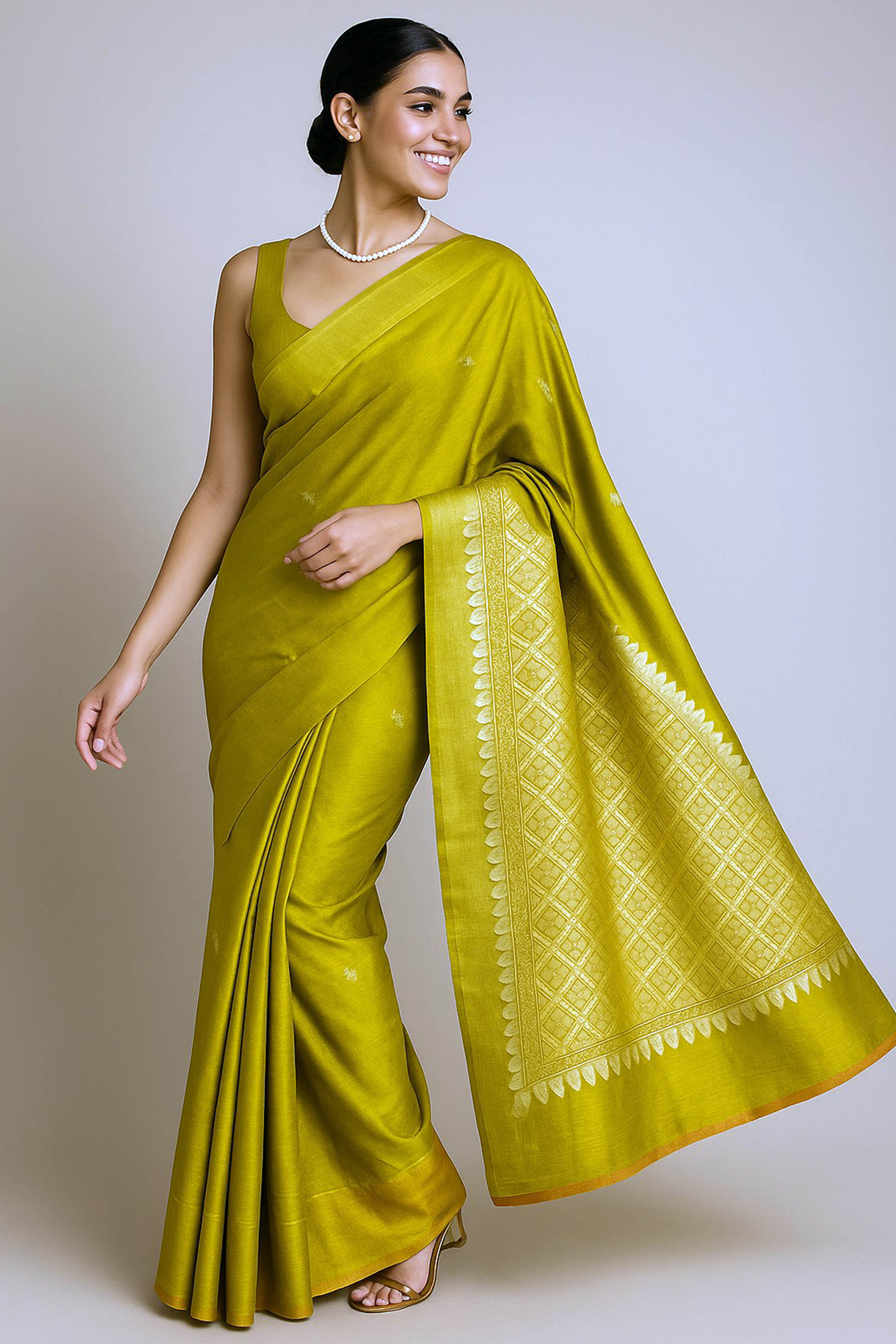 Greenish Golden Yellow Pure Mashru Silk Saree - Indian Handloomz