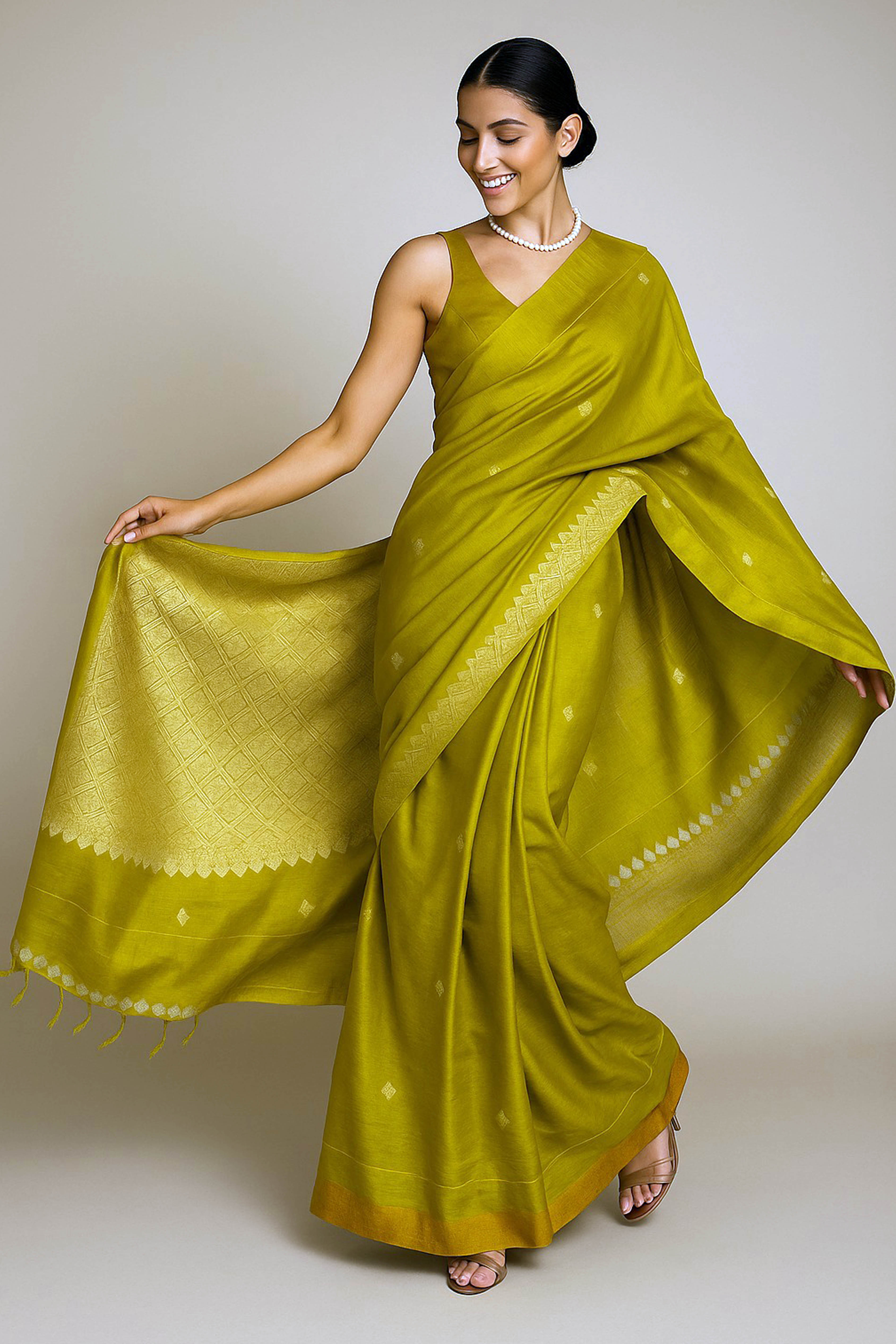 Greenish Golden Yellow Pure Mashru Silk Saree - Indian Handloomz