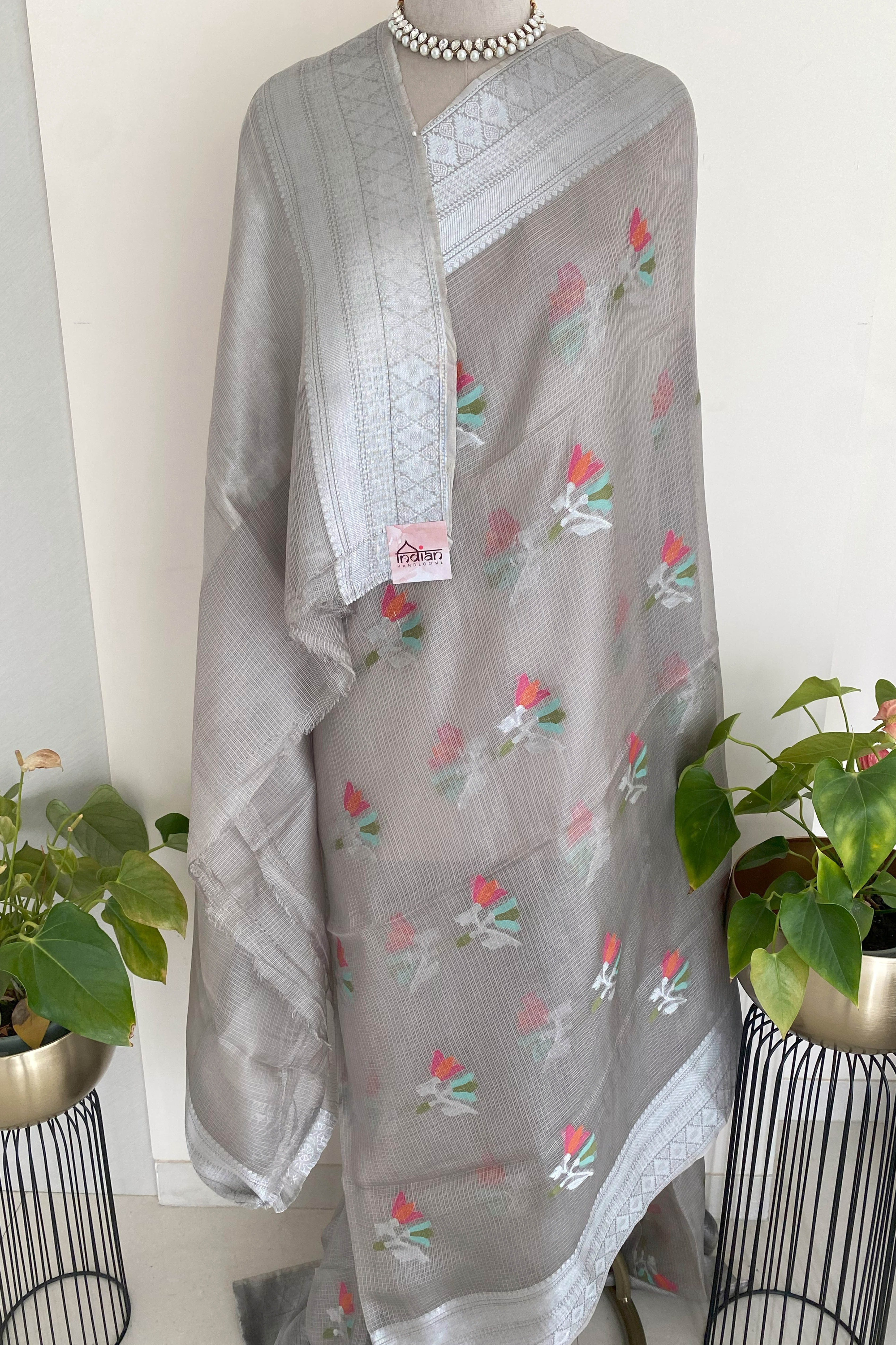 Greyish Silver Kota Silk Saree - Indian Handloomz