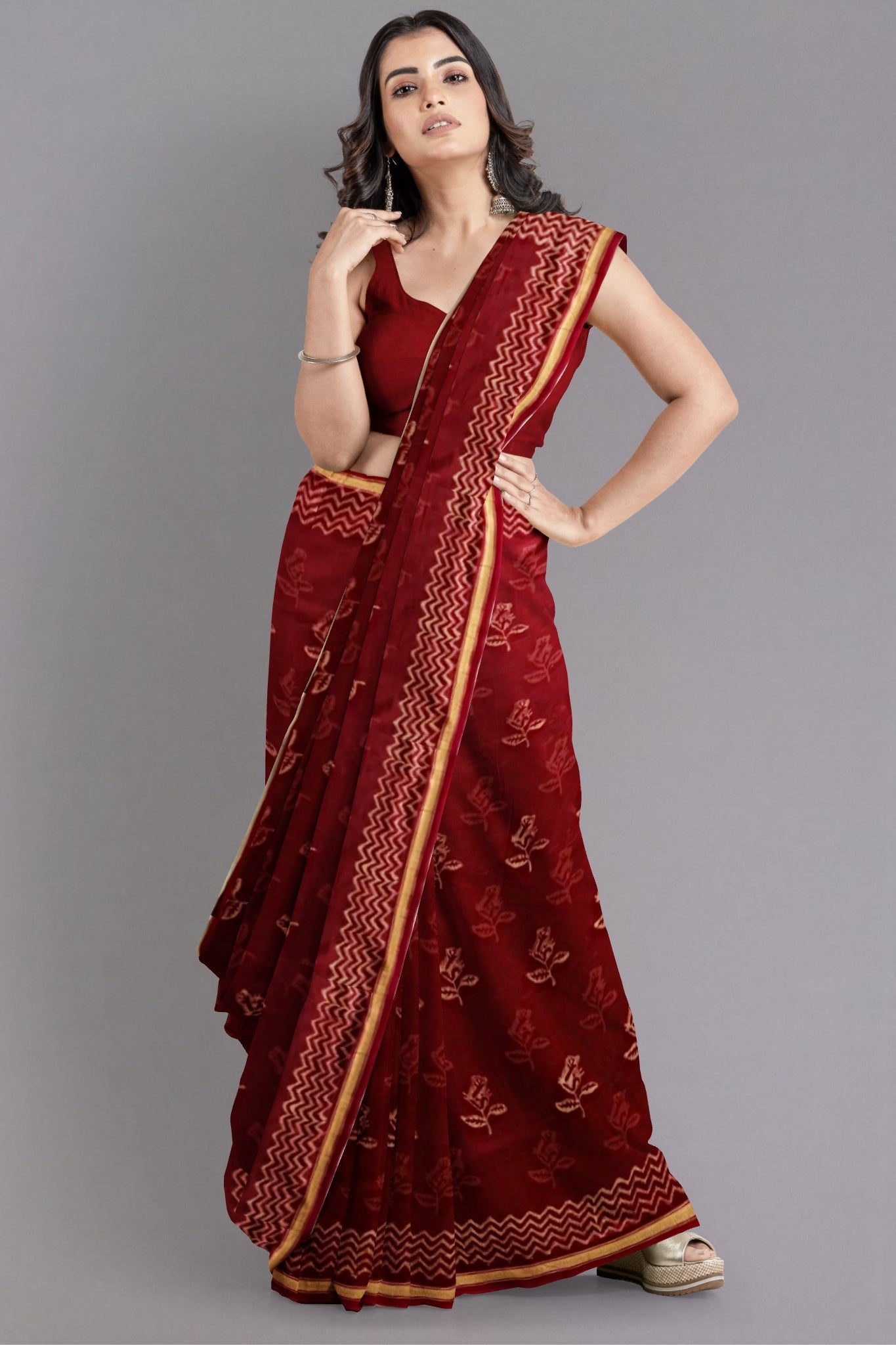 Agni Chanderi Silk Cotton Saree Handblock Bagh Printed in Red Colour with Zari Border - Indian Handloomz