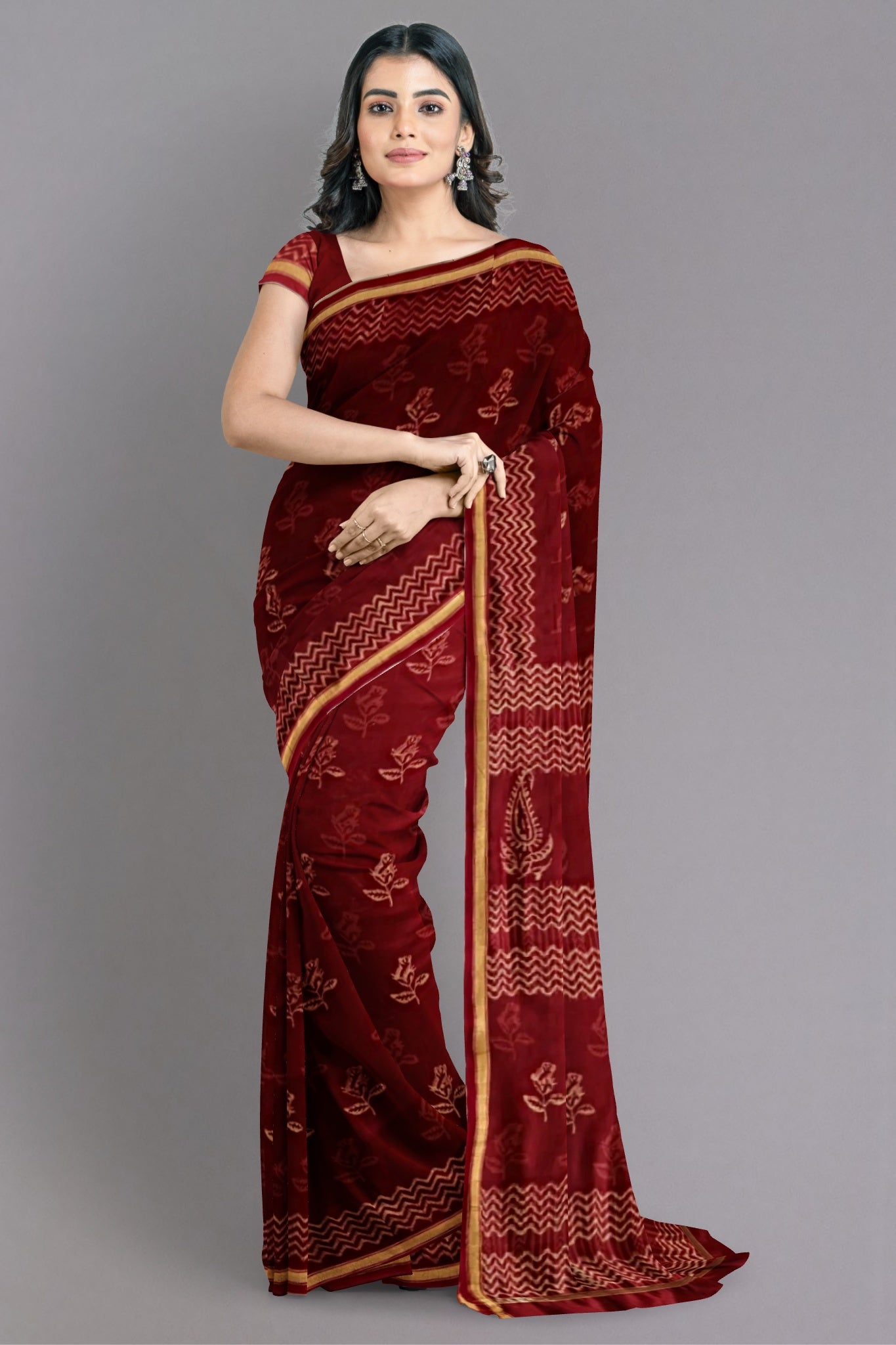 Agni Chanderi Silk Cotton Saree Handblock Bagh Printed in Red Colour with Zari Border - Indian Handloomz