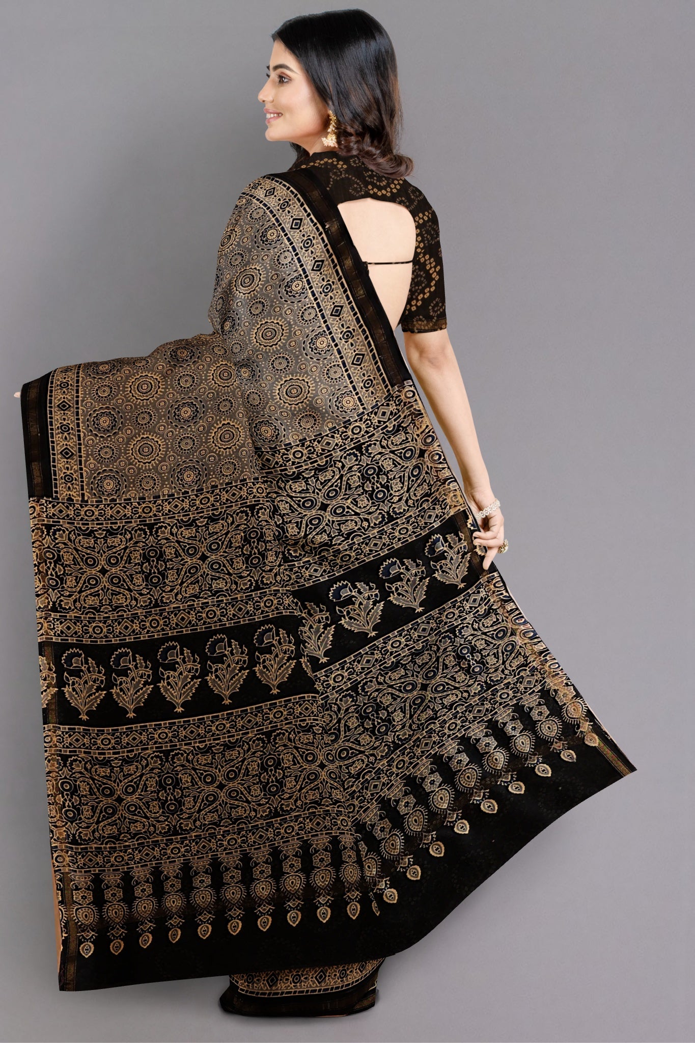 Abha Chanderi Cotton Silk Saree Handblock Printed in Mix Colours of Grey, Beige, Blue, Black & White - Indian Handloomz
