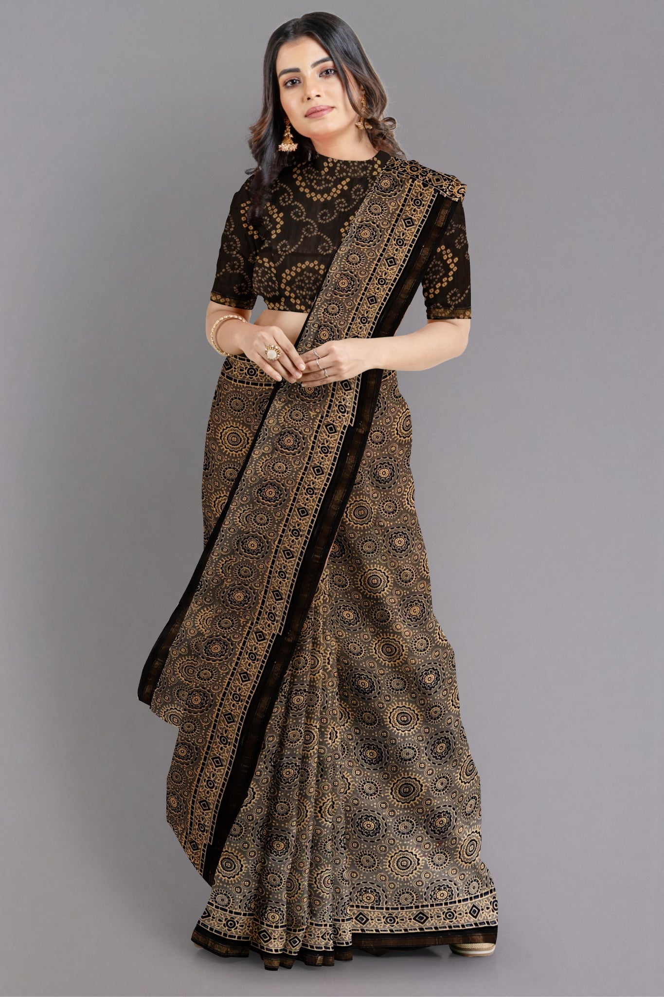 Abha Chanderi Cotton Silk Saree Handblock Printed in Mix Colours of Grey, Beige, Blue, Black & White - Indian Handloomz