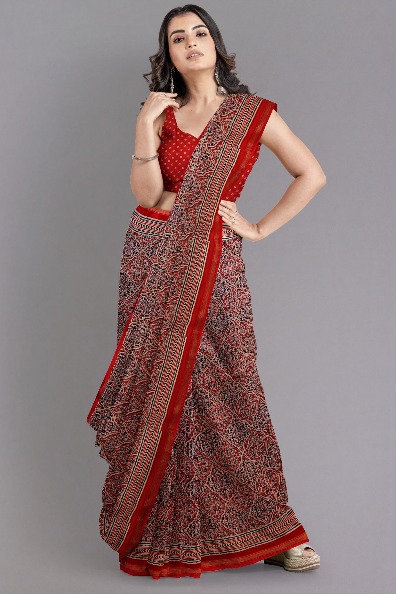 Sindhoori Chanderi Silk Cotton Saree Handblock Printed in Mix Colours of Red, Blue, Black & White - Indian Handloomz