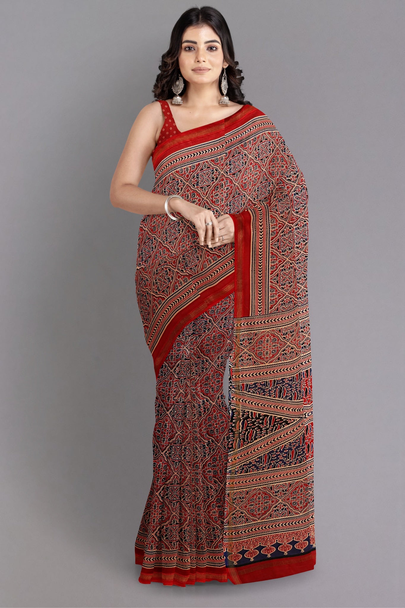 Sindhoori Chanderi Silk Cotton Saree Handblock Printed in Mix Colours of Red, Blue, Black & White - Indian Handloomz