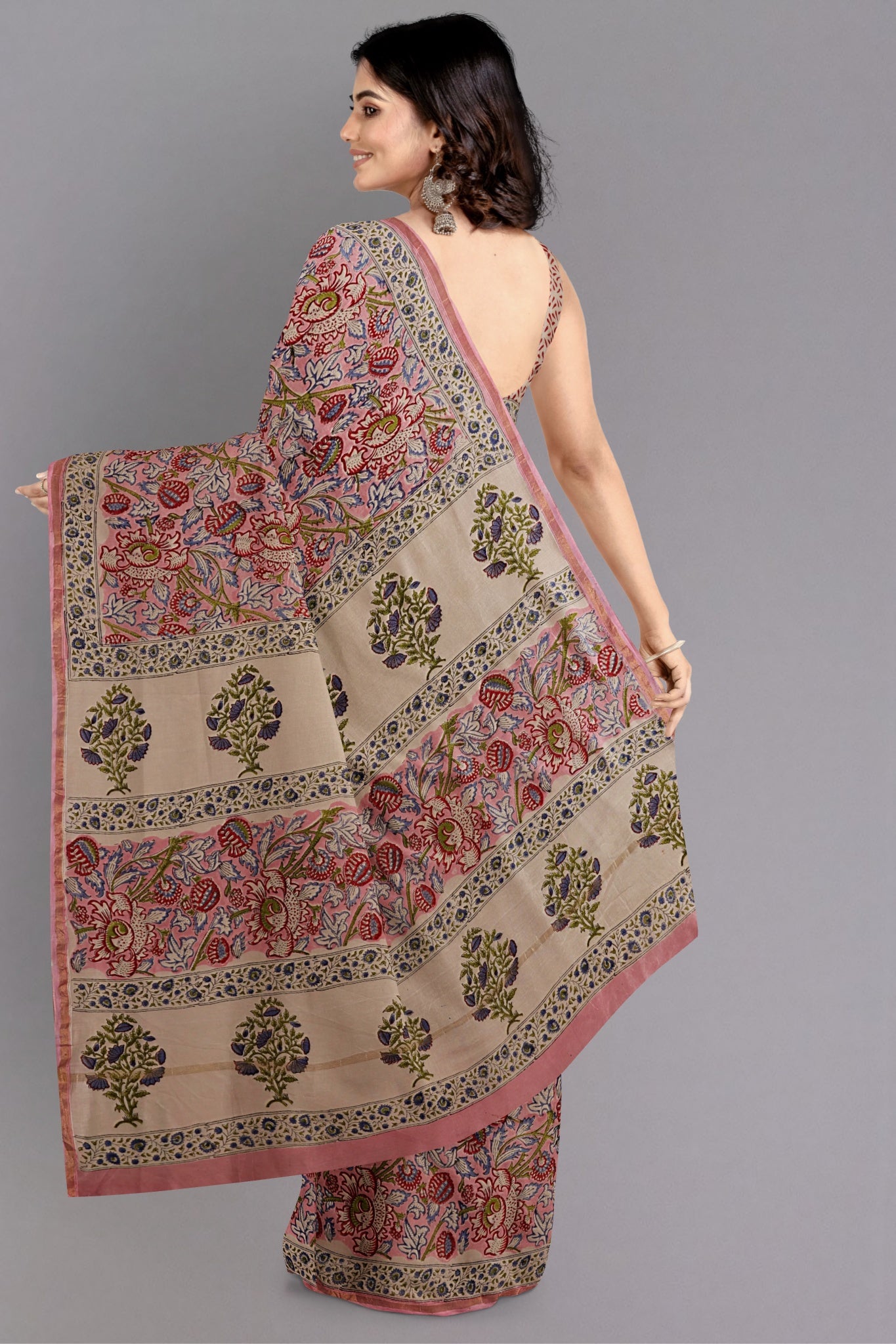 Priya Chanderi Cotton Silk Saree in Light Pink Body, Floral Motifs in Red, Blue & Green with Zari Border - Indian Handloomz