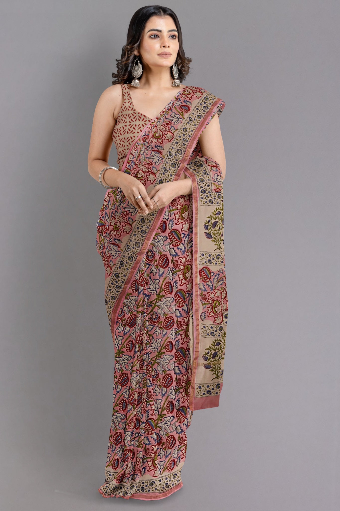 Priya Chanderi Cotton Silk Saree in Light Pink Body, Floral Motifs in Red, Blue & Green with Zari Border - Indian Handloomz