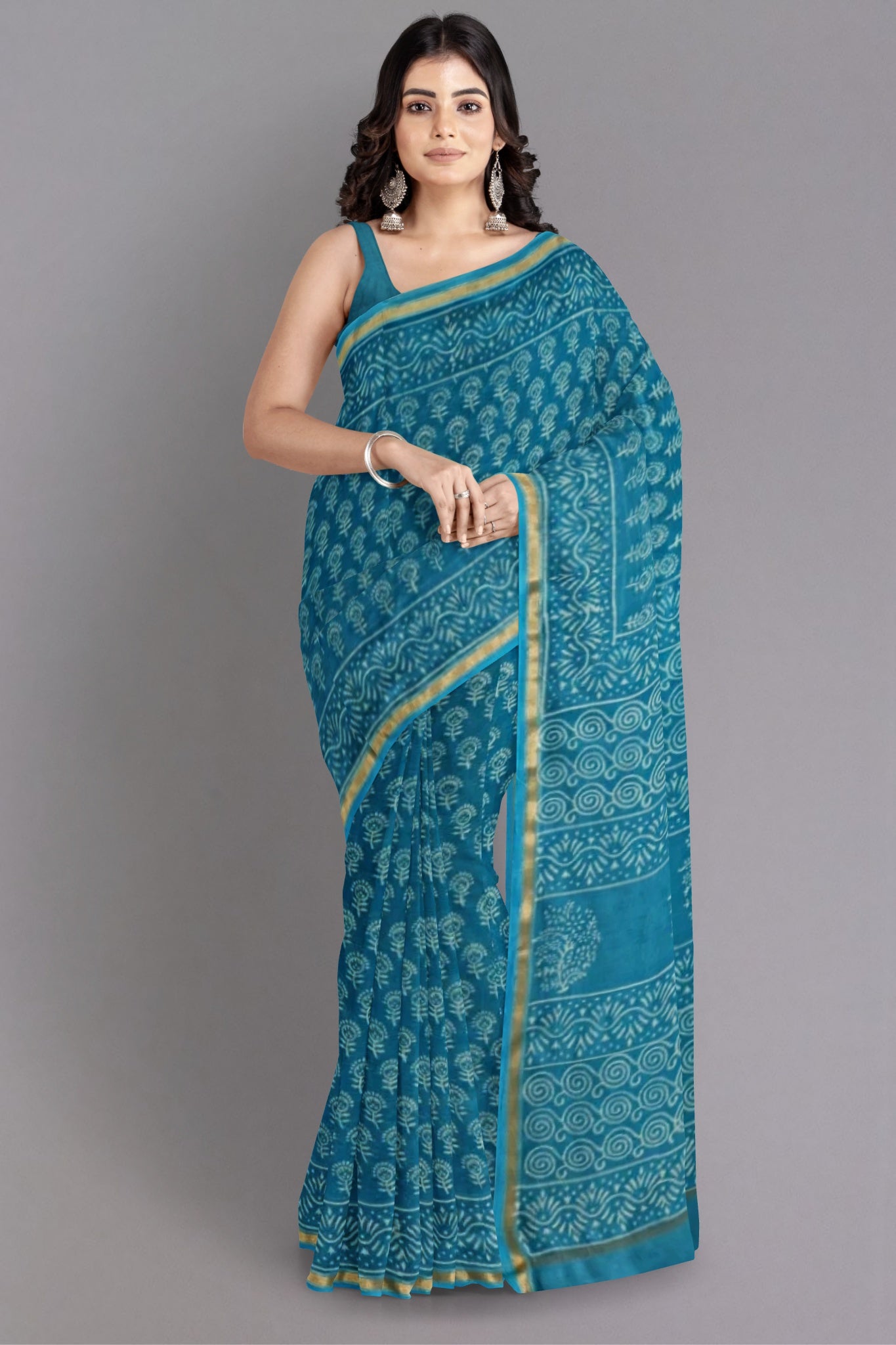 Swara Handblock Printed Chanderi Silk Cotton Saree in Aqua Blue & White - Indian Handloomz