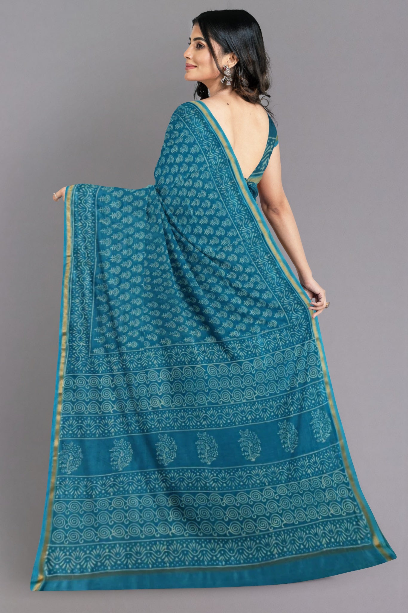 Swara Handblock Printed Chanderi Silk Cotton Saree in Aqua Blue & White - Indian Handloomz