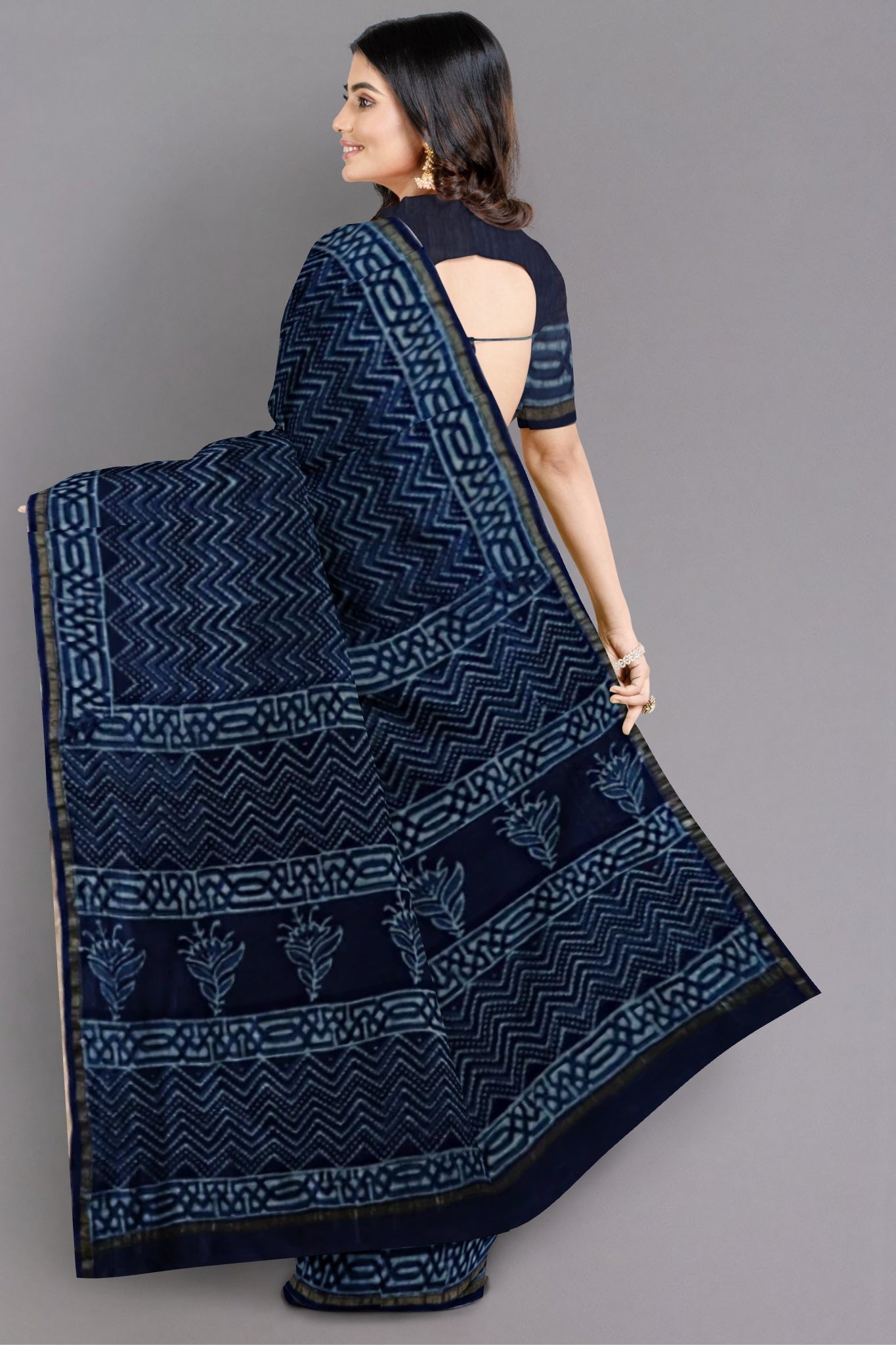Nyra Chanderi Silk Cotton Saree Handblock Printed in Dark Indigo Blue & White Colour with Zari Border - Indian Handloomz