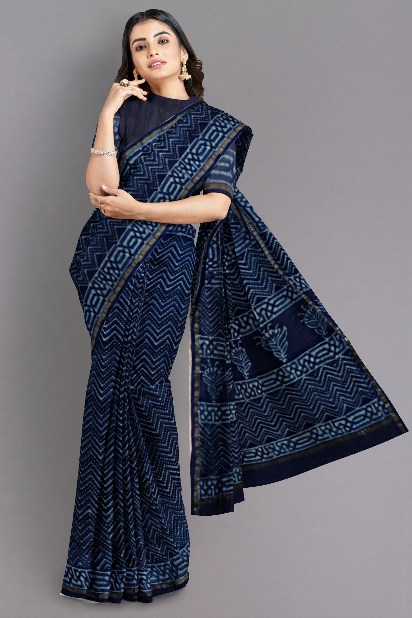 Nyra Chanderi Silk Cotton Saree Handblock Printed in Dark Indigo Blue & White Colour with Zari Border - Indian Handloomz
