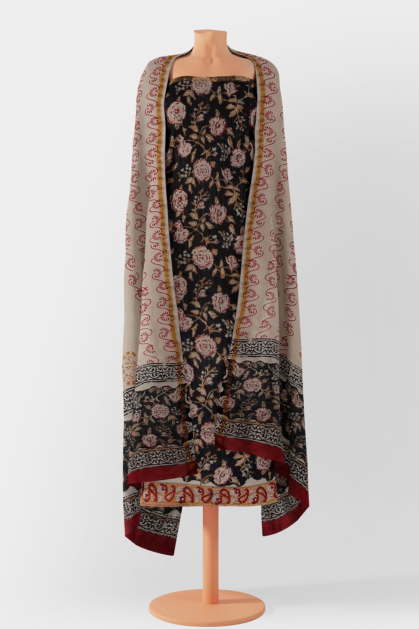 Nandini Chanderi Cotton Silk Unstitched Suit Set, Handblock Print in Black, Red, Off-white & Mustard Yellow with Beige & Red Motifs - Indian Handloomz
