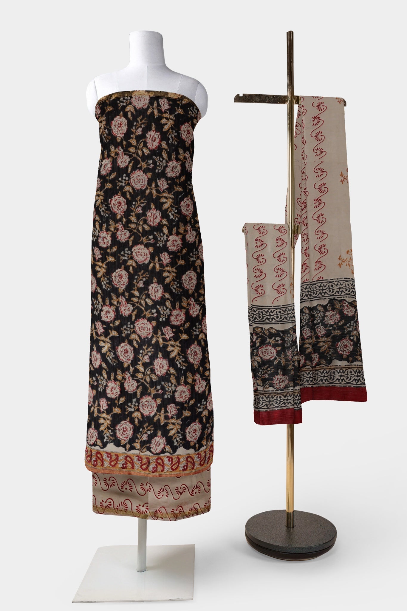 Nandini Chanderi Cotton Silk Unstitched Suit Set, Handblock Print in Black, Red, Off-white & Mustard Yellow with Beige & Red Motifs - Indian Handloomz