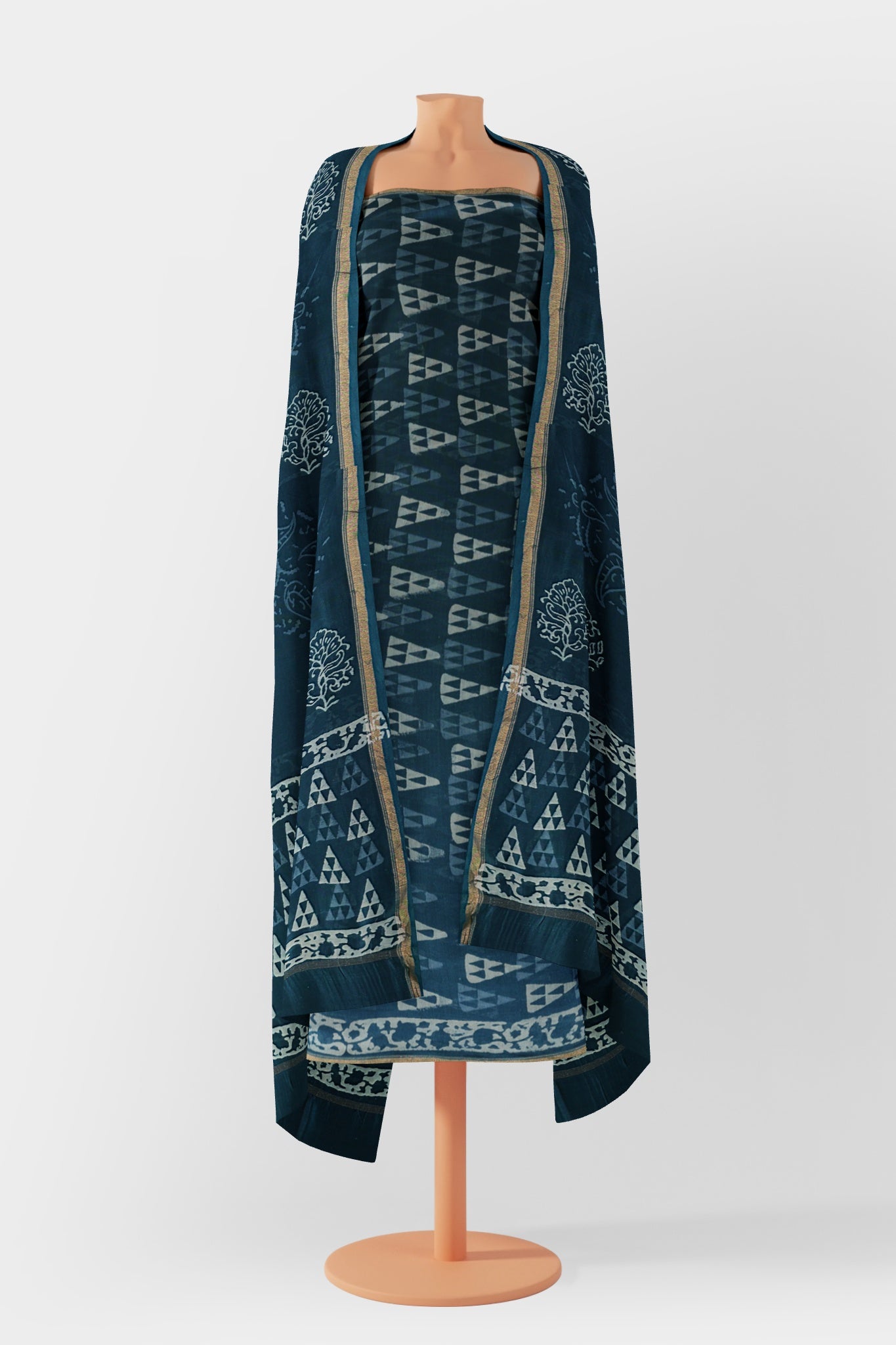 Nila Chanderi Cotton Silk Unstitched Suit Set, Handblock Print & Geometric Design in Off-white shade - Indian Handloomz