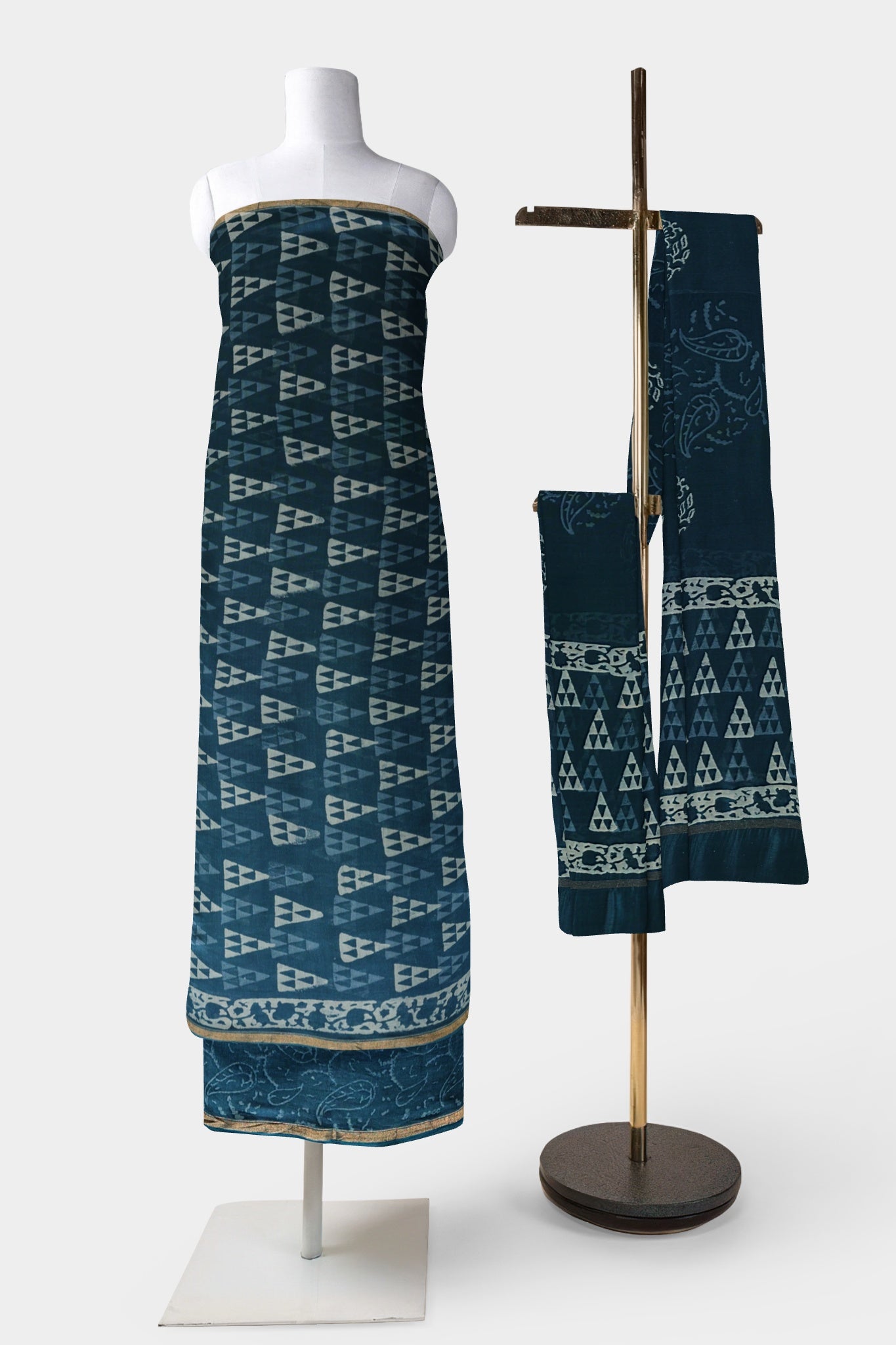 Nila Chanderi Cotton Silk Unstitched Suit Set, Handblock Print & Geometric Design in Off-white shade - Indian Handloomz