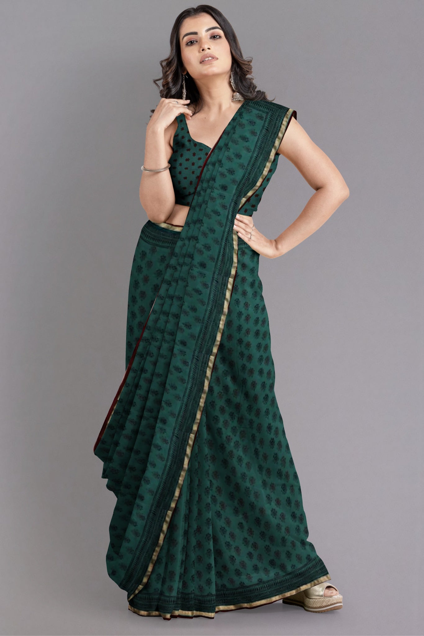 Muskan Chanderi Silk Cotton Saree Handblock Bagh Printed in Rama Green Colour with Zari Border - Indian Handloomz