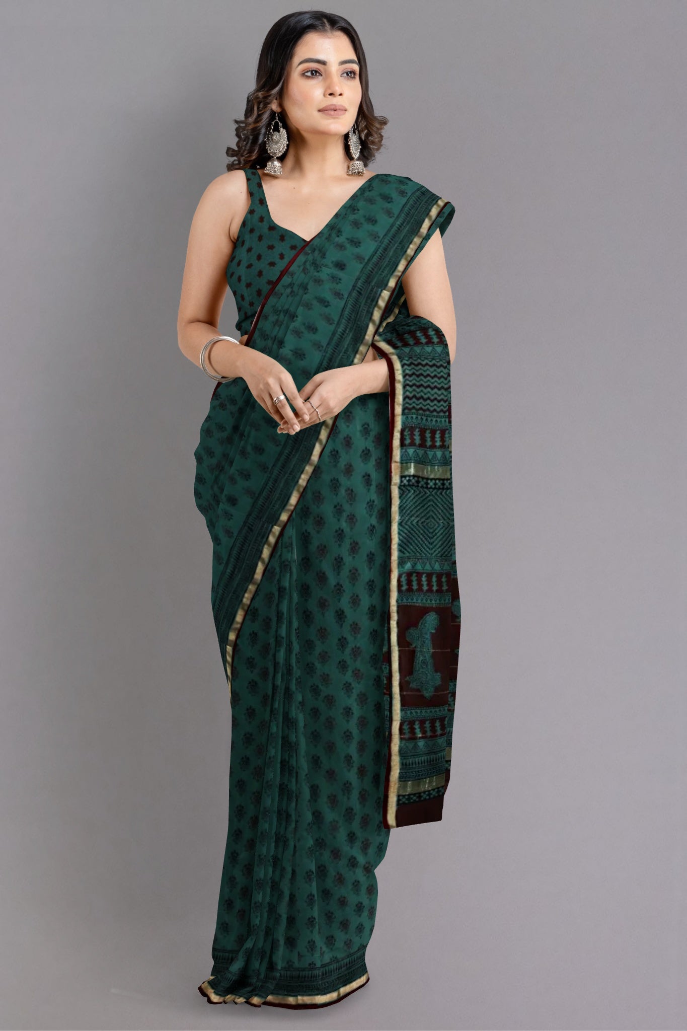Muskan Chanderi Silk Cotton Saree Handblock Bagh Printed in Rama Green Colour with Zari Border - Indian Handloomz